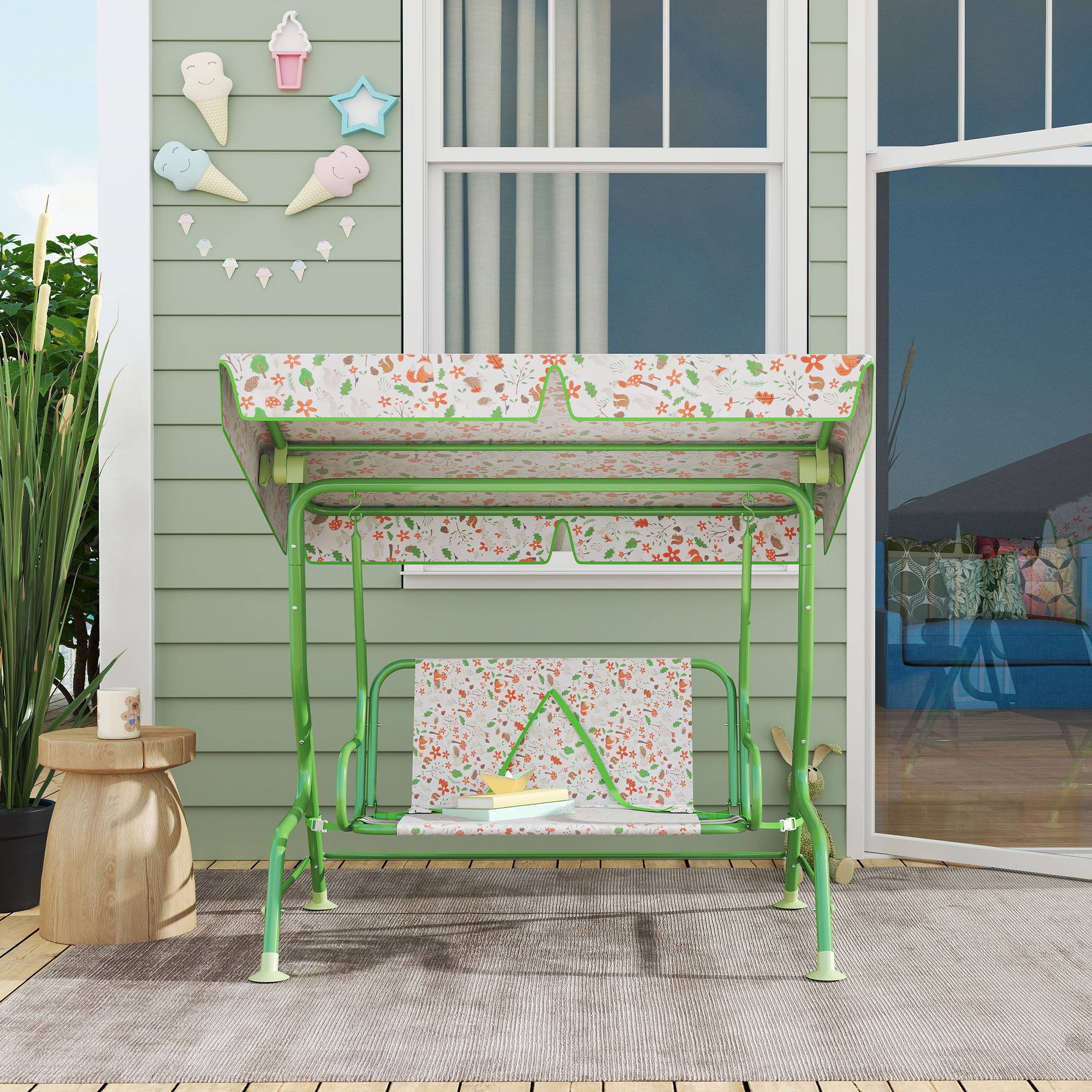 Balançoire de jardin extérieure pour enfants de 3 ans et plus, avec auvent réglable et harnais de sécurité, 112 x 75 x 120 cm, verte - Image 10