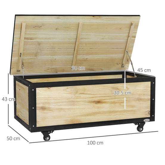 Coffre rangement jardin bois massif extérieur coussins sur roulettes 121L naturel - ComfortXL Outdoor Living - Image 3