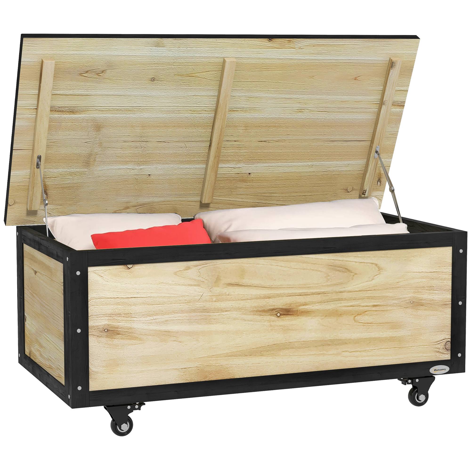 Coffre rangement jardin bois massif extérieur coussins sur roulettes 121L naturel - ComfortXL Outdoor Living - Image 2