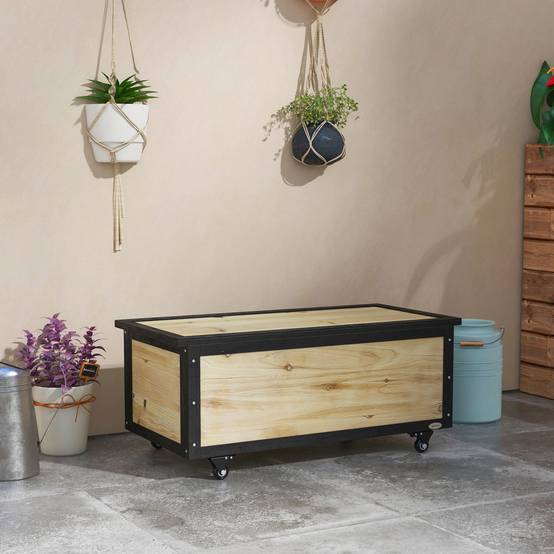 Coffre rangement jardin bois massif extérieur coussins sur roulettes 121L naturel - ComfortXL Outdoor Living - Image 1