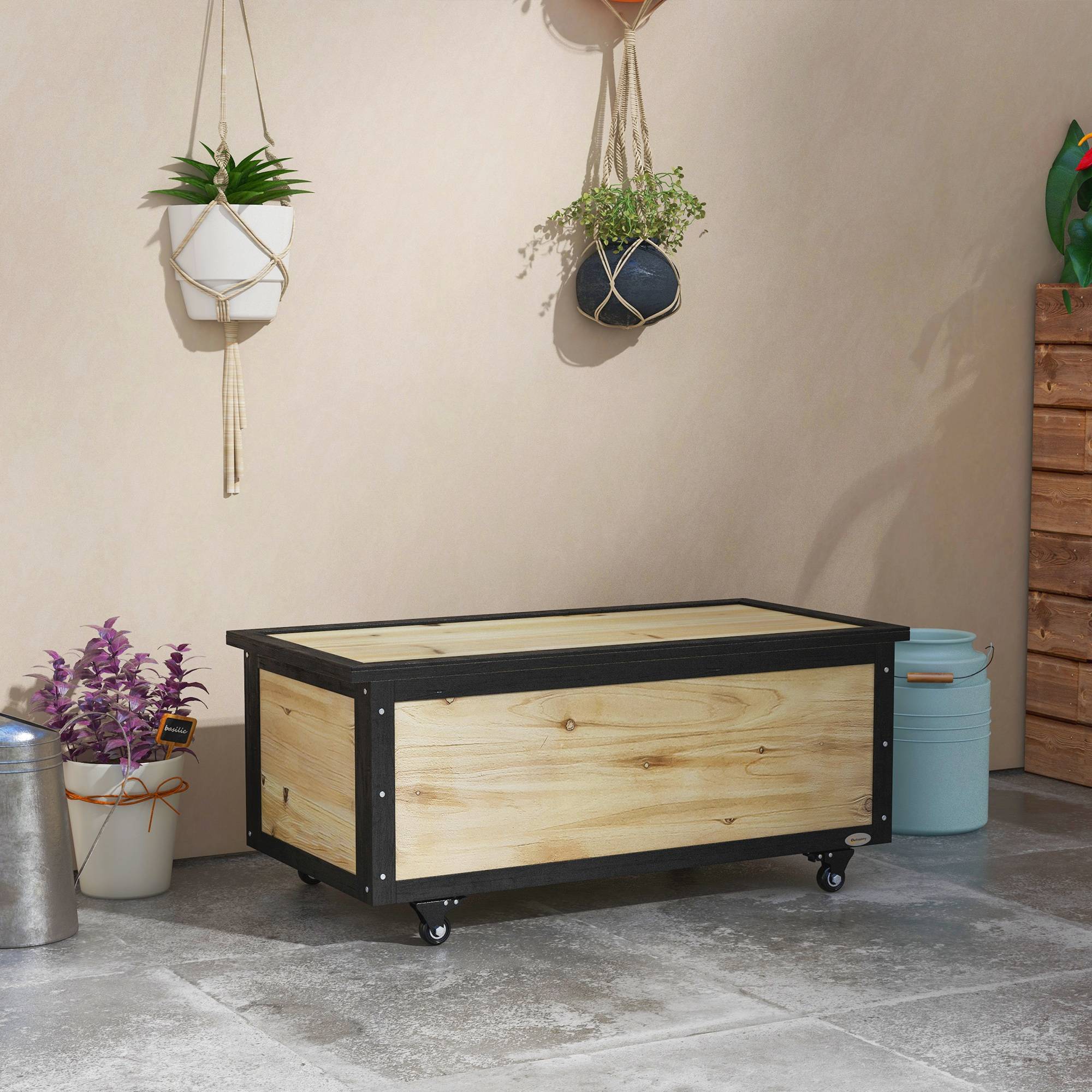Coffre rangement jardin bois massif extérieur coussins sur roulettes 121L naturel - ComfortXL Outdoor Living - Image 1