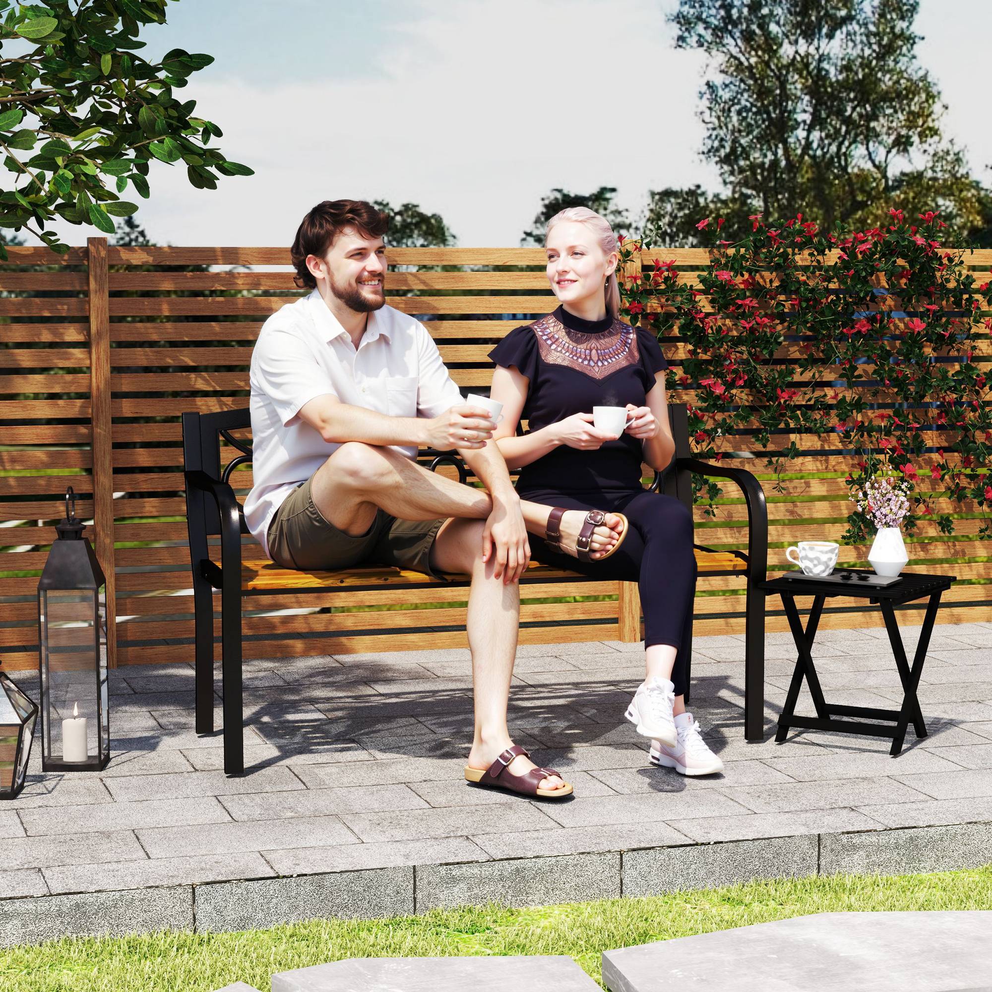 Banc de jardin 2 places avec dossier en fer forgé et accoudoirs incurvés, design élégant, 127 x 56 x 80 cm, noir et bois - Image 3