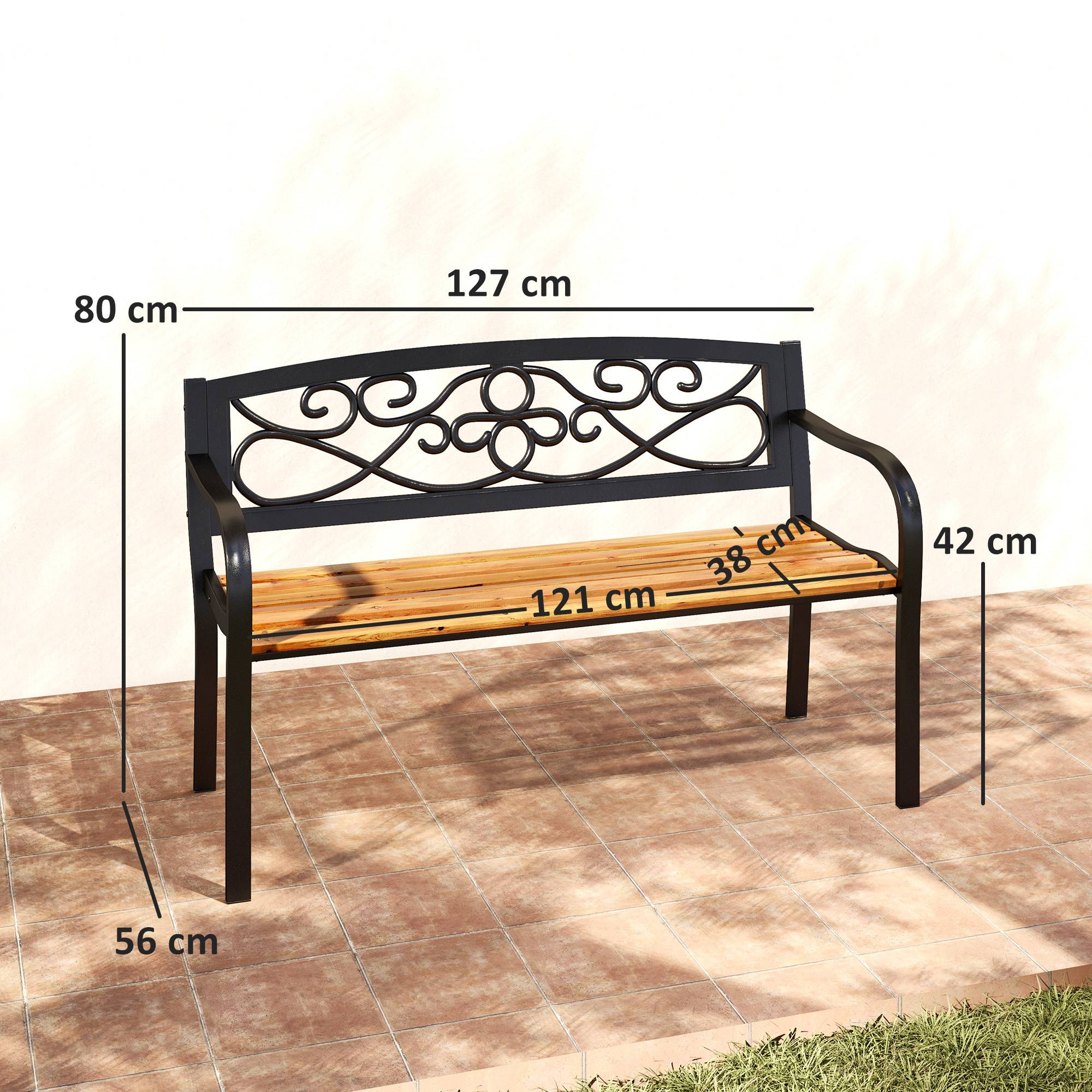 Banc de jardin 2 places avec dossier en fer forgé et accoudoirs incurvés, design élégant, 127 x 56 x 80 cm, noir et bois - Image 5