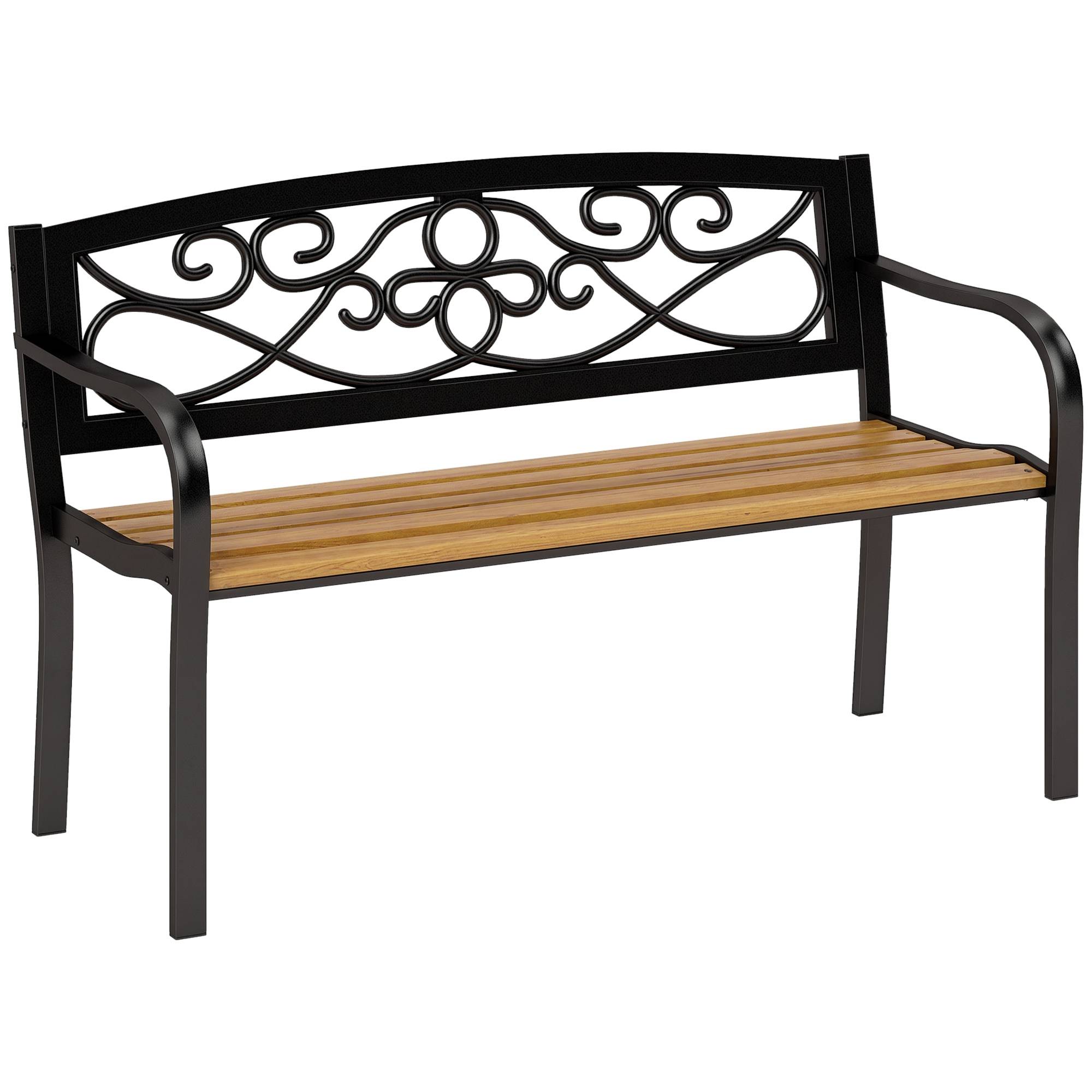 Banc de jardin 2 places avec dossier en fer forgé et accoudoirs incurvés, design élégant, 127 x 56 x 80 cm, noir et bois - Image 1