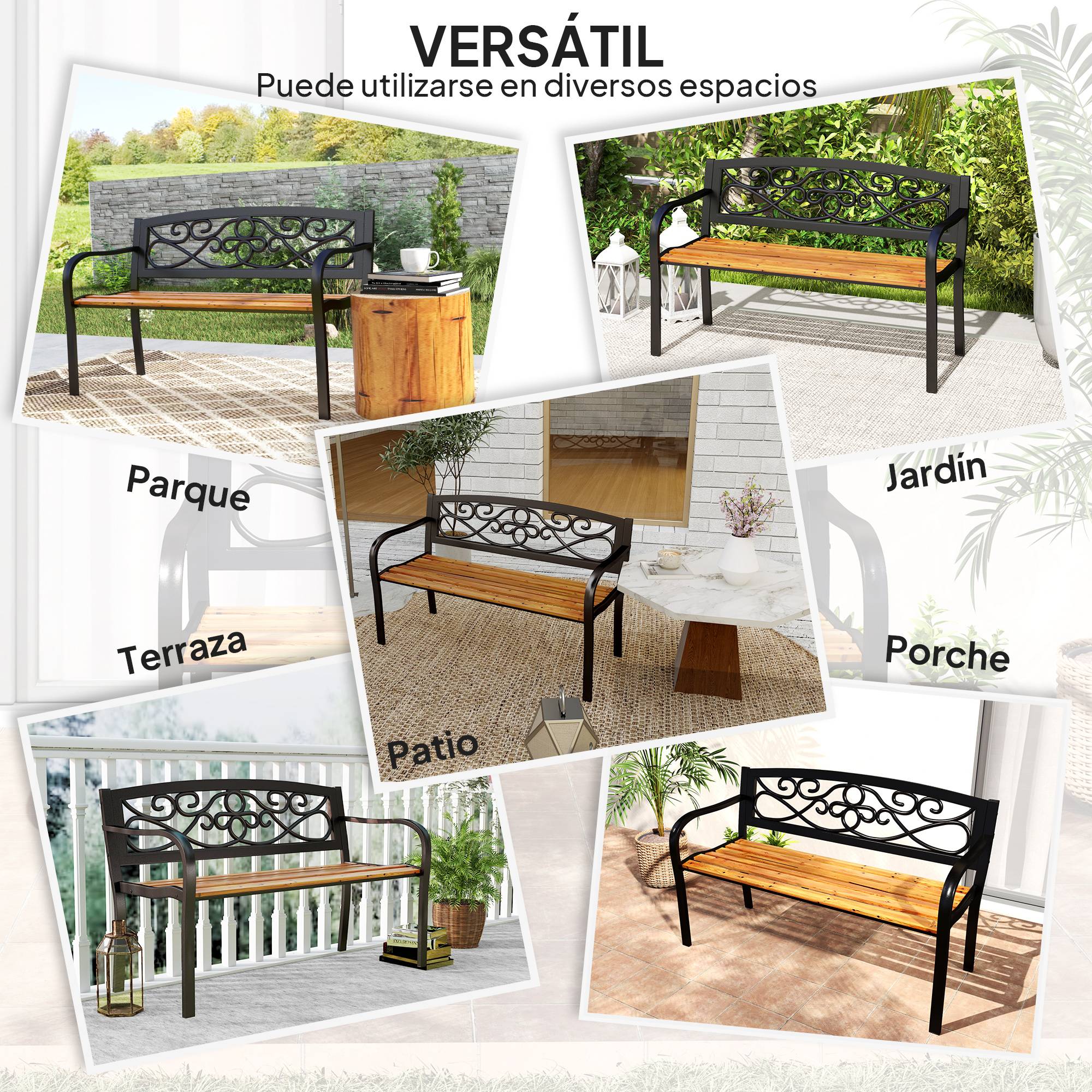 Banc de jardin 2 places avec dossier en fer forgé et accoudoirs incurvés, design élégant, 127 x 56 x 80 cm, noir et bois - Image 9