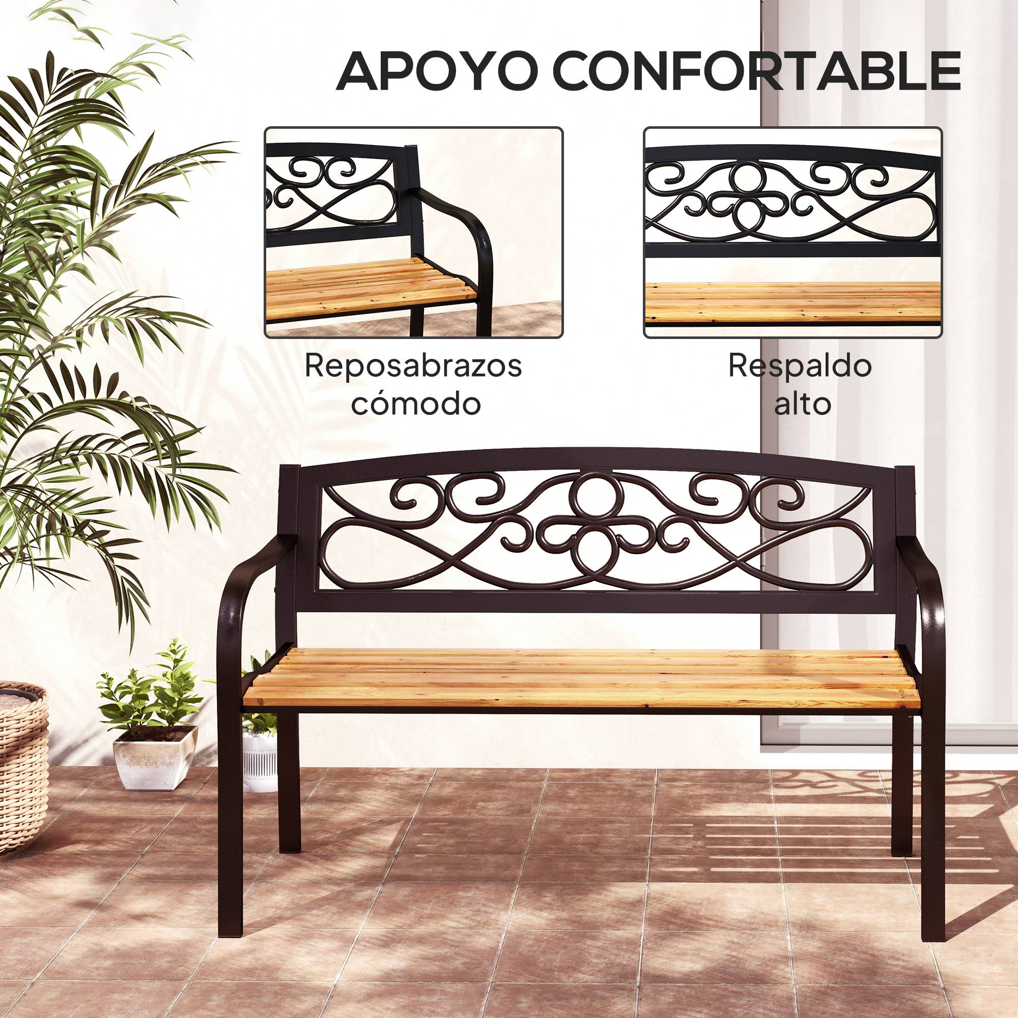 Banc de jardin 2 places avec dossier en fer forgé et accoudoirs incurvés, design élégant, 127 x 56 x 80 cm, noir et bois - Image 8