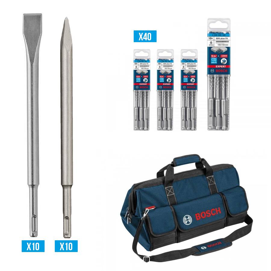 Bosch - Kit construction BOSCH 40 mèches SDS Plus 7X + 20 Burins + 1 Sac Pro - 061599760X