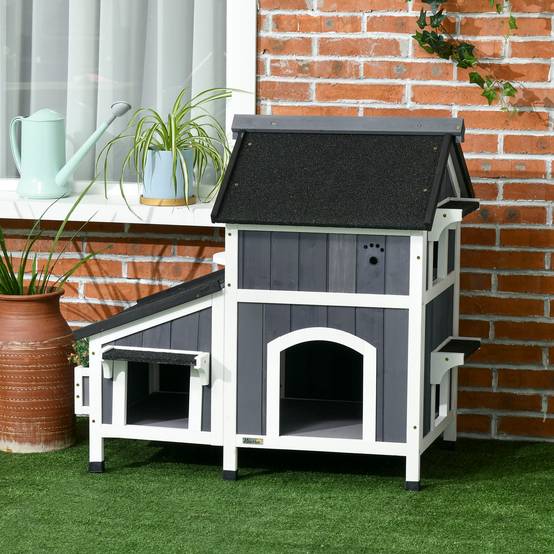 Sans Marque - Niche extérieure en bois pour chat, abri à deux niveaux, 96 x 65 x 85,5 cm, grise - Image 4