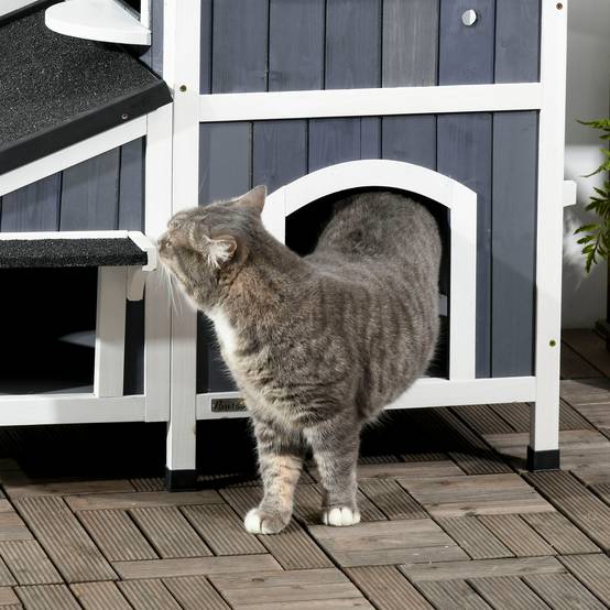 Sans Marque - Niche extérieure en bois pour chat, abri à deux niveaux, 96 x 65 x 85,5 cm, grise - Image 10