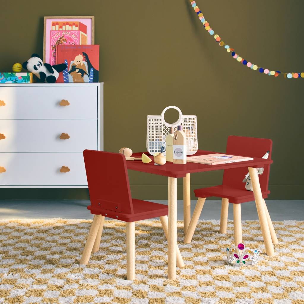 sweeek - Table carrée enfant bois de pin 2 assises terracotta - Judith | sweeek - Image 1