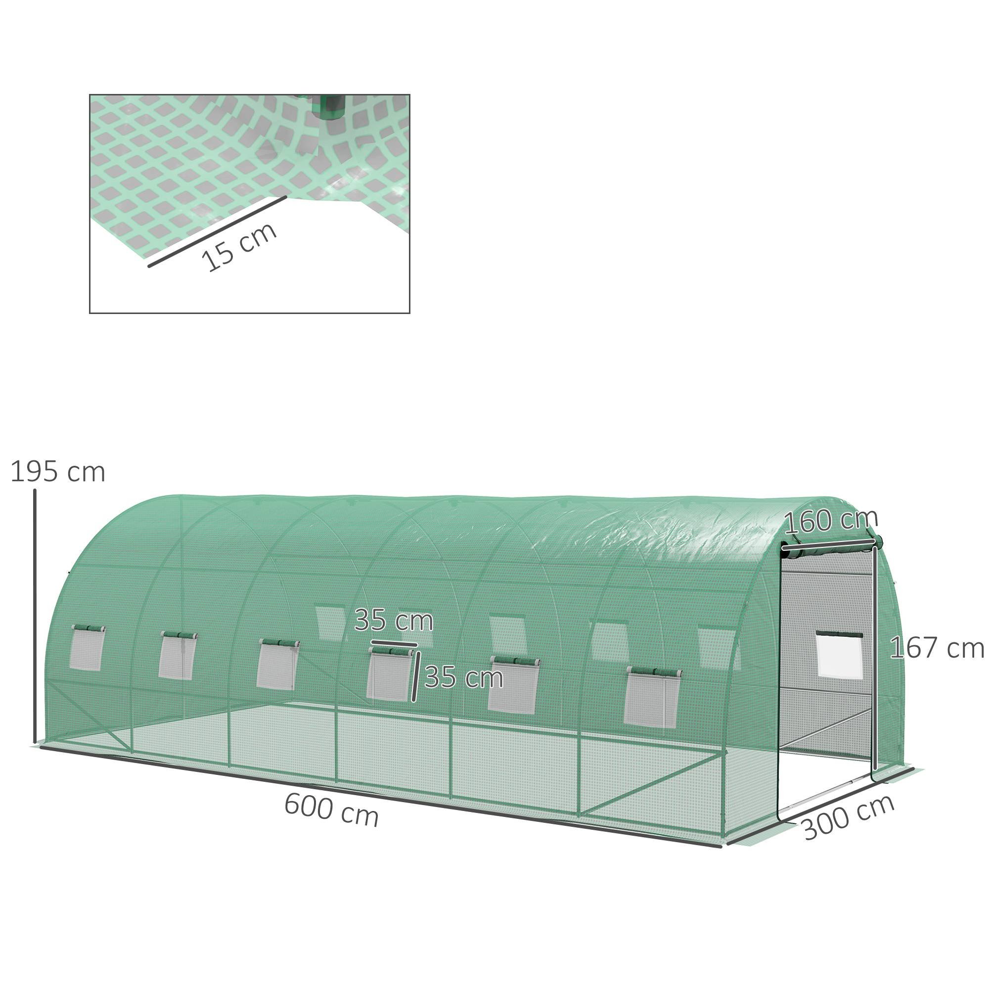Serre tunnel 6x3x2 m avec système d'irrigation intégré, 12 fenêtres grillagées et 1 porte roulante verte - Image 5
