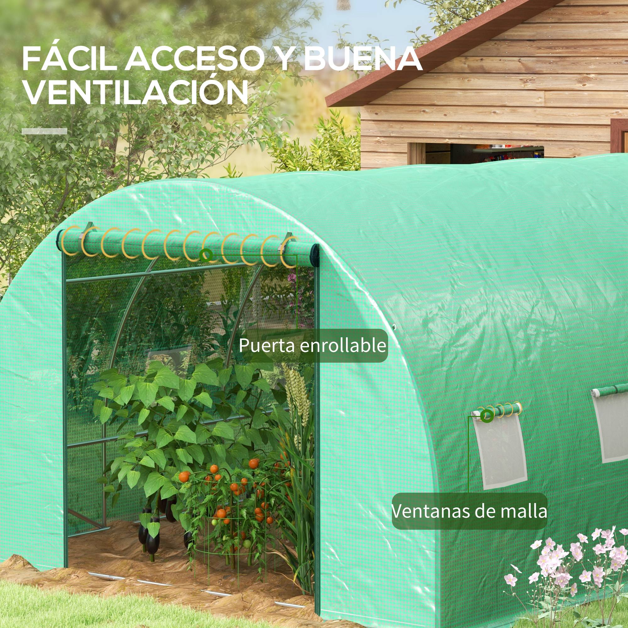 Serre tunnel 6x3x2 m avec système d'irrigation intégré, 12 fenêtres grillagées et 1 porte roulante verte - Image 8