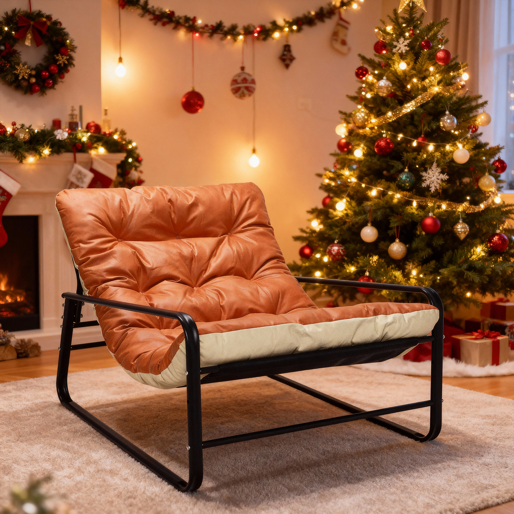 0 - Fauteuil inclinable moderne à 2 places avec structure en acier et coussin réversible(Orange+Beige) - Image 1