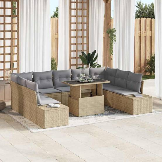 Canapé Extérieur avec Coffre 10 pcs Polyrotin Beige & Gris Clair Table Ajustable – ComfortXL Outdoor Living - Image 1