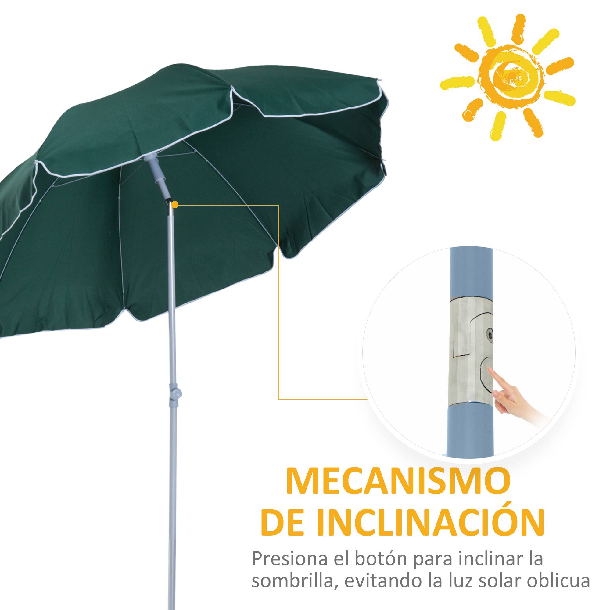 Parasol de plage Ø202 cm, toit inclinable, mat demontable, piquet inferieur, jardin, vert - Image 6