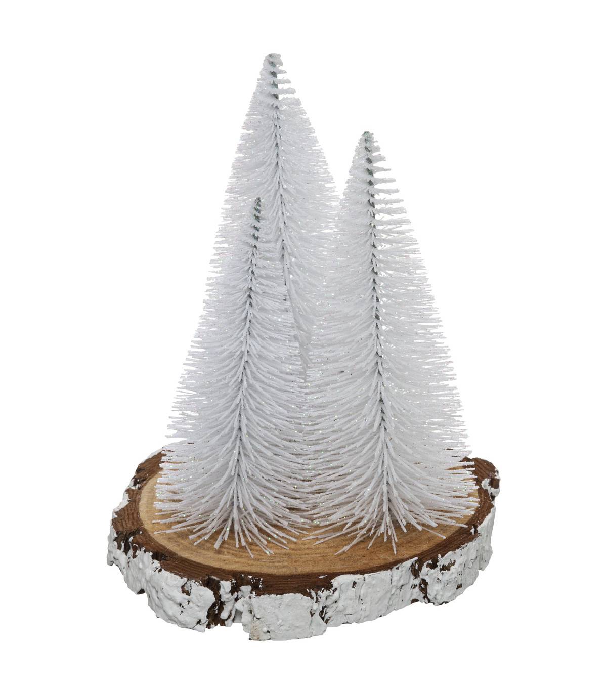 Fééric Lights & Christmas - Déco de table 3 Sapins blans pailletés sur base rondin H 20 cm