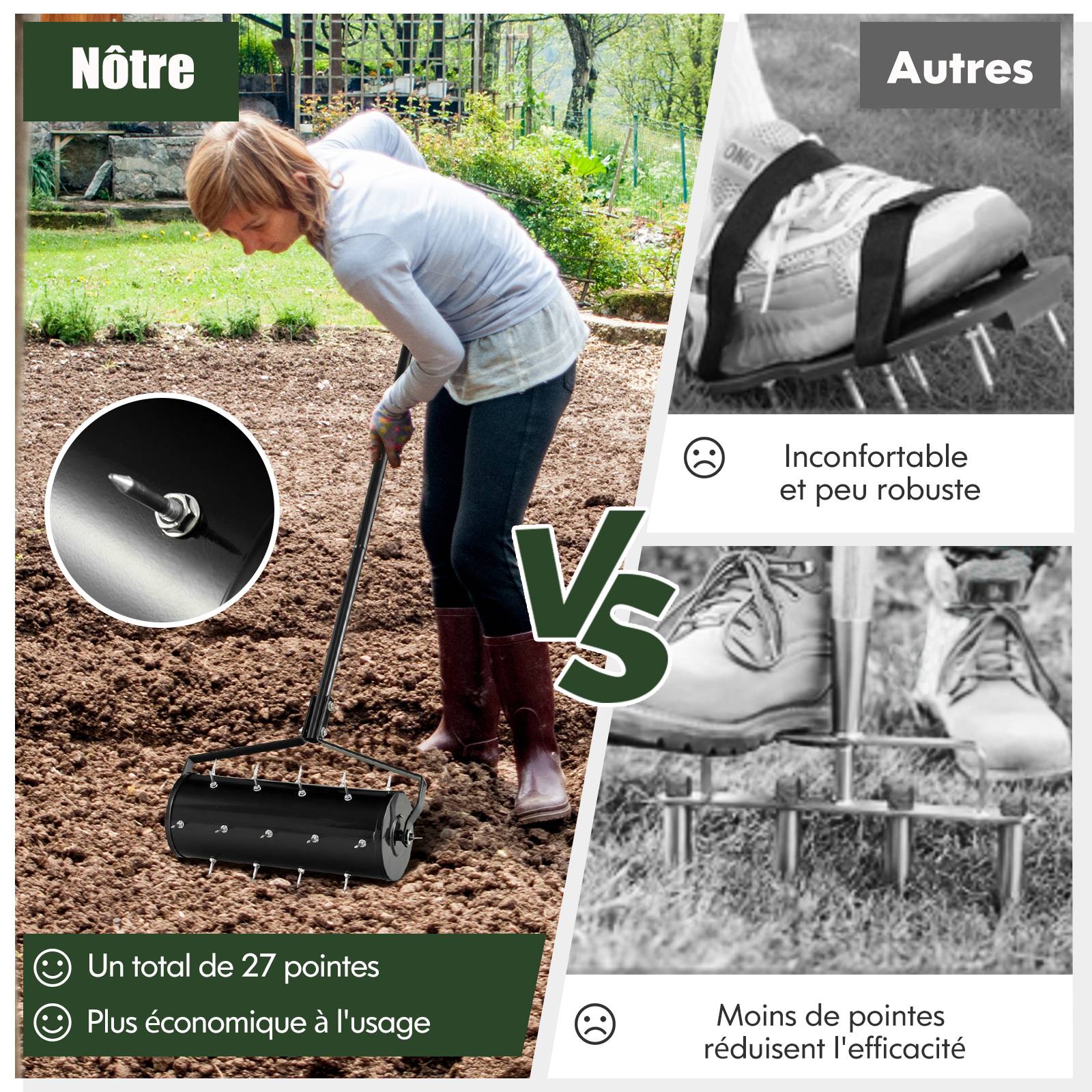 Aérateur de Pelouse Manuel de 44 cm, avec Poignée Amovible de 128 cm, Pointes de Dents pour Ameublir le sol, pour Jardin, Cour, Noir - Image 6