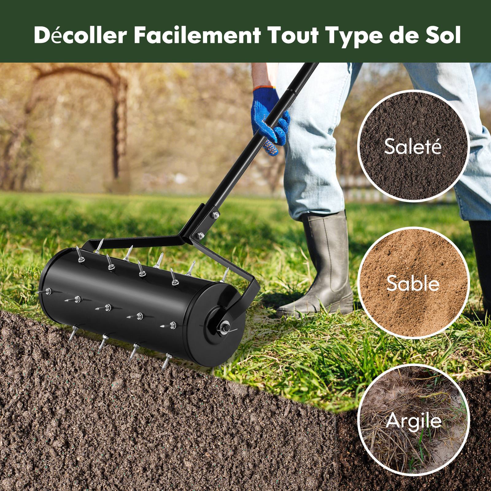 Aérateur de Pelouse Manuel de 44 cm, avec Poignée Amovible de 128 cm, Pointes de Dents pour Ameublir le sol, pour Jardin, Cour, Noir - Image 5