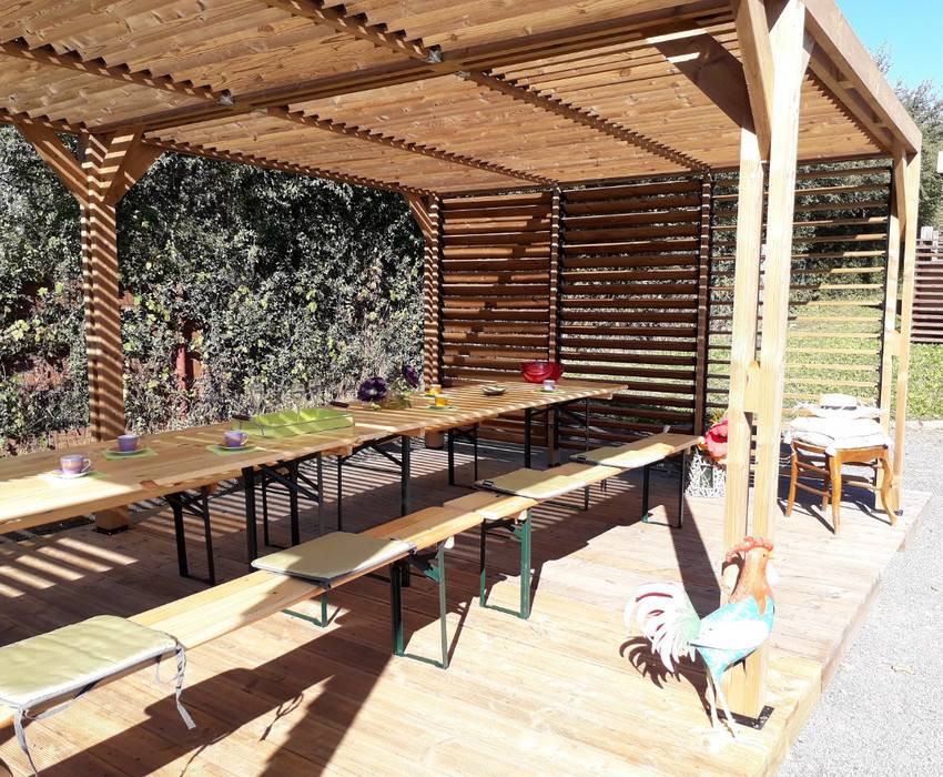 Habrita - Pergola grandes dimensions en bois - toit et 1 mur en ventelles mobiles - 341 x 614 cm Habrita - Imagen 5