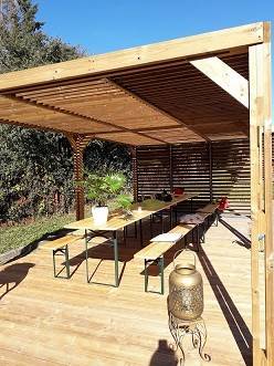 Habrita - Pergola grandes dimensions en bois - toit et 1 mur en ventelles mobiles - 341 x 614 cm Habrita - Imagen 1