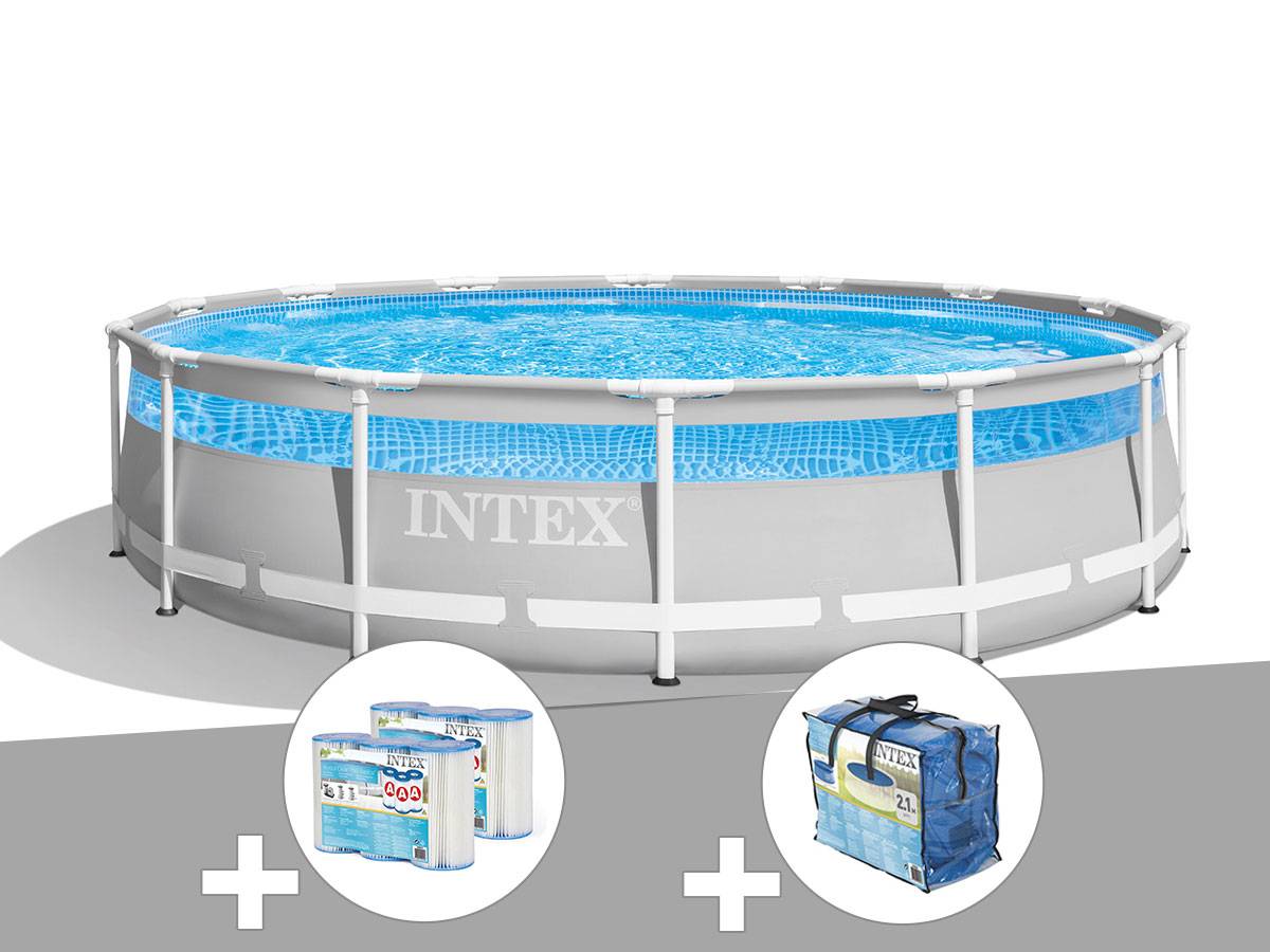 Kit piscine tubulaire Intex Prism Frame Clearview ronde 4,27 x 1,07 m + 6 cartouches de filtration + Bâche à bulles - Image 1