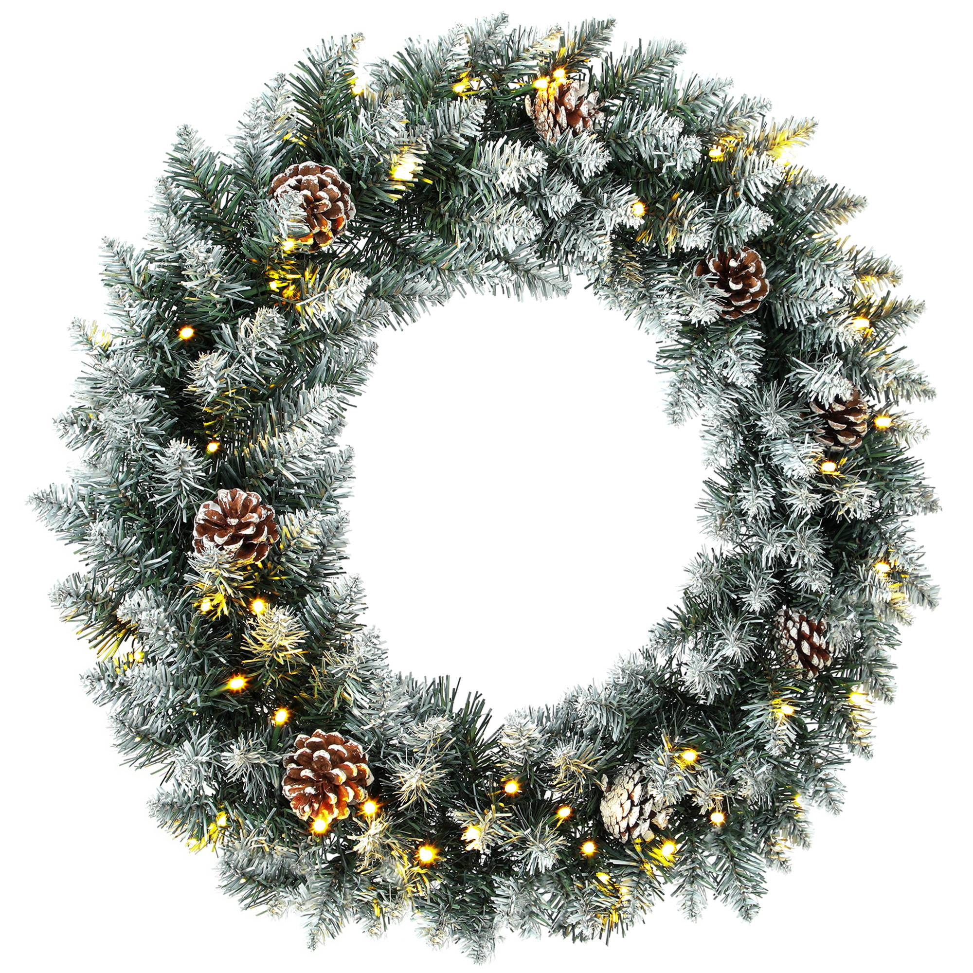 Couronne de Noël lumineuse 60cm pour porte, 50 LED, pommes de pin et fausse neige - Image 2