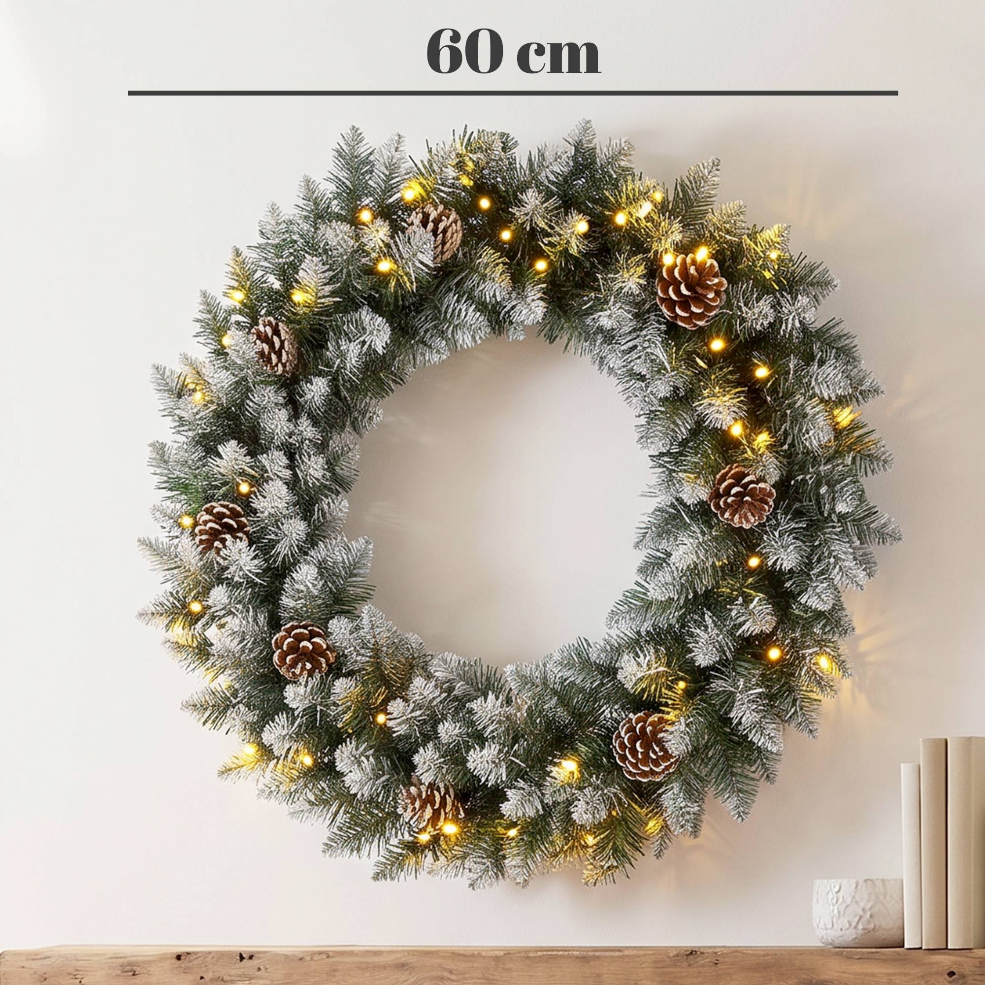 Couronne de Noël lumineuse 60cm pour porte, 50 LED, pommes de pin et fausse neige - Image 5