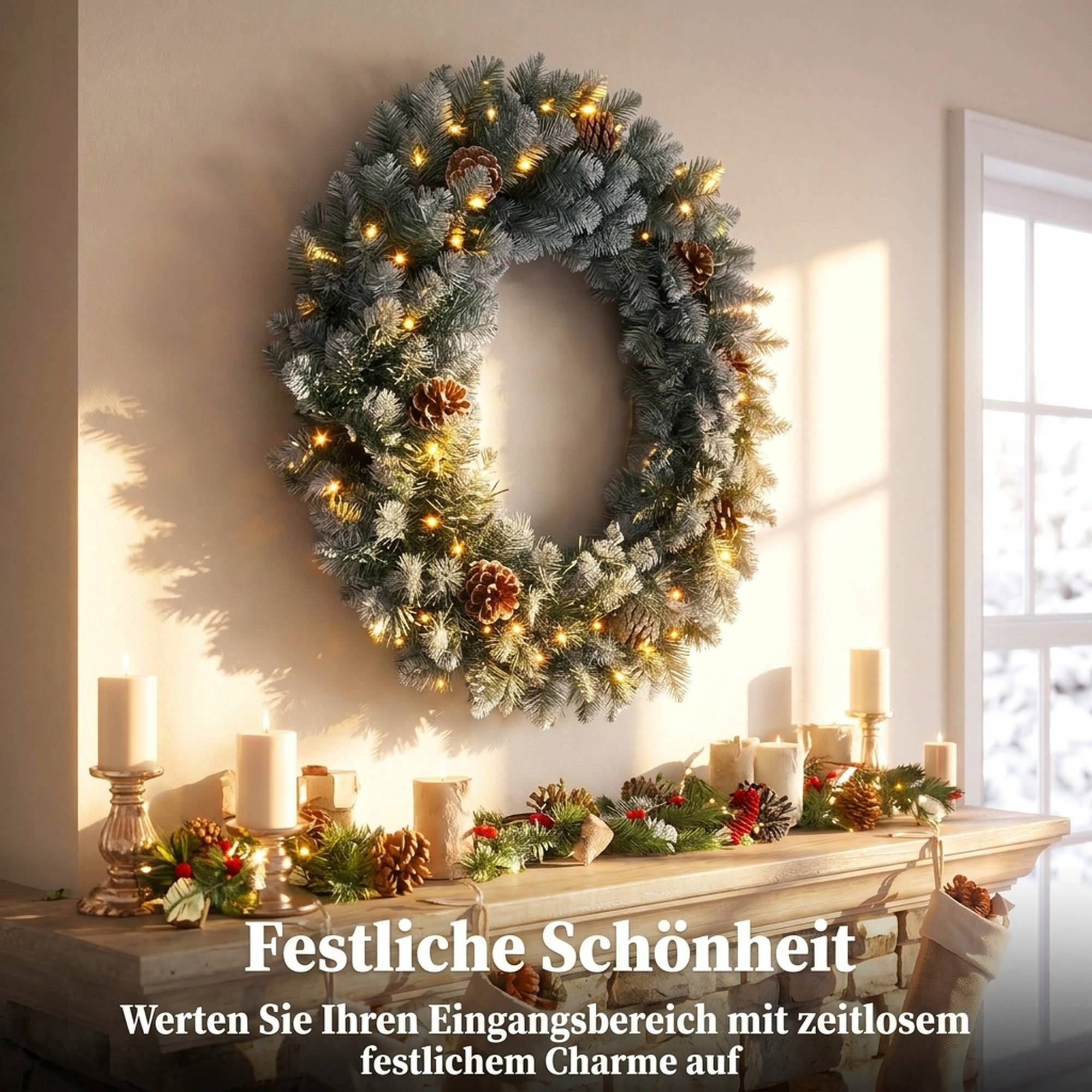 Couronne de Noël lumineuse 60cm pour porte, 50 LED, pommes de pin et fausse neige - Image 6