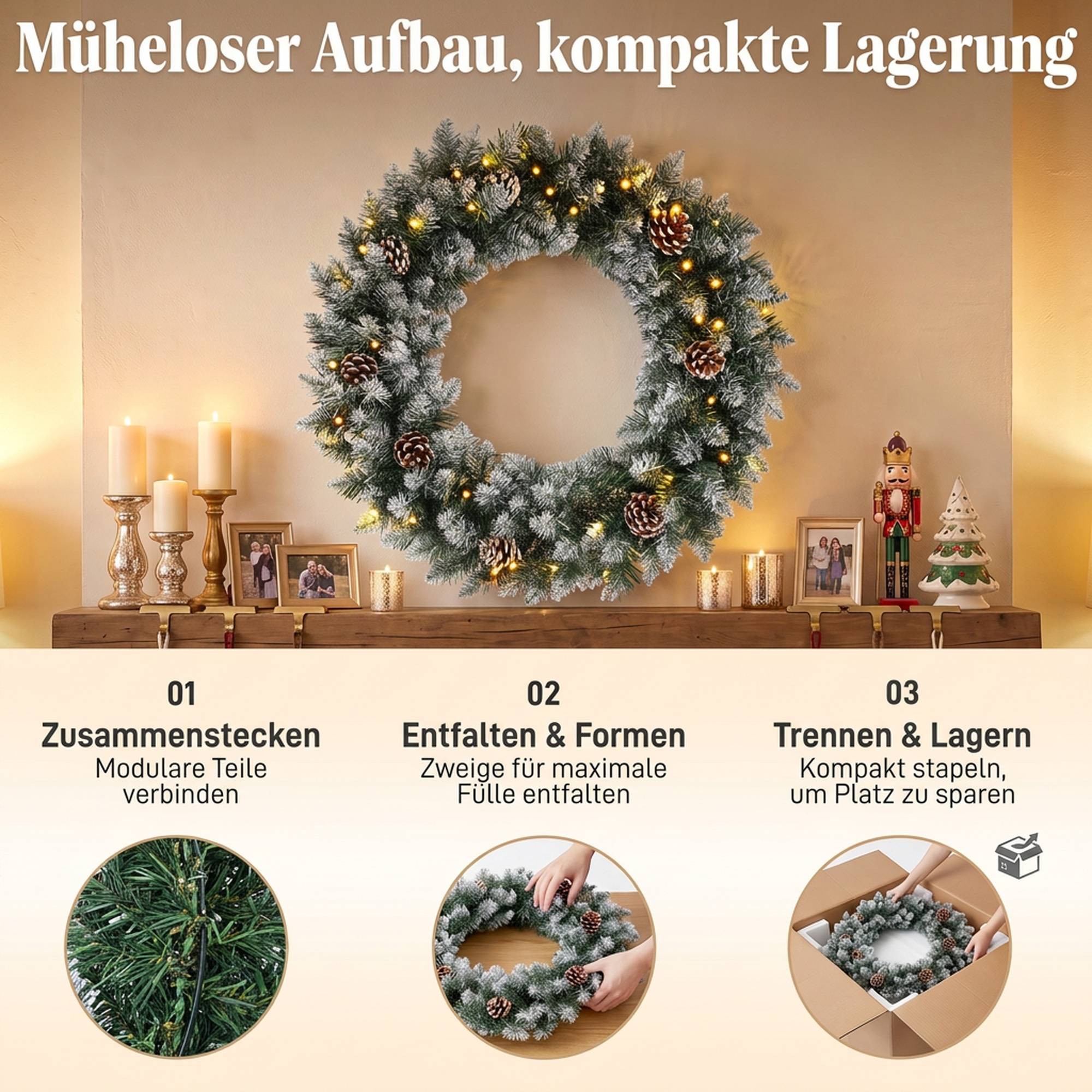 Couronne de Noël lumineuse 60cm pour porte, 50 LED, pommes de pin et fausse neige - Image 9