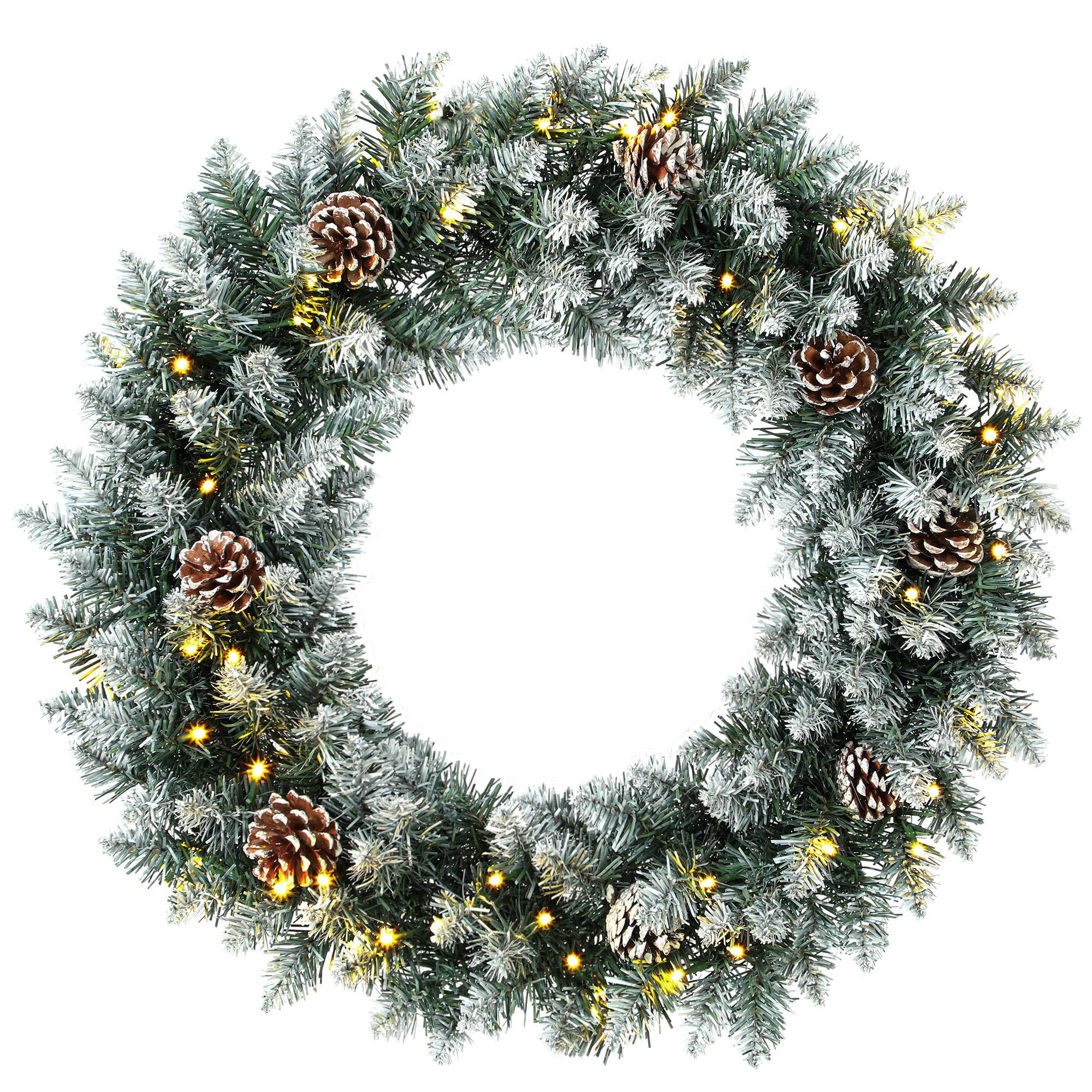 Couronne de Noël lumineuse 60cm pour porte, 50 LED, pommes de pin et fausse neige - Image 1