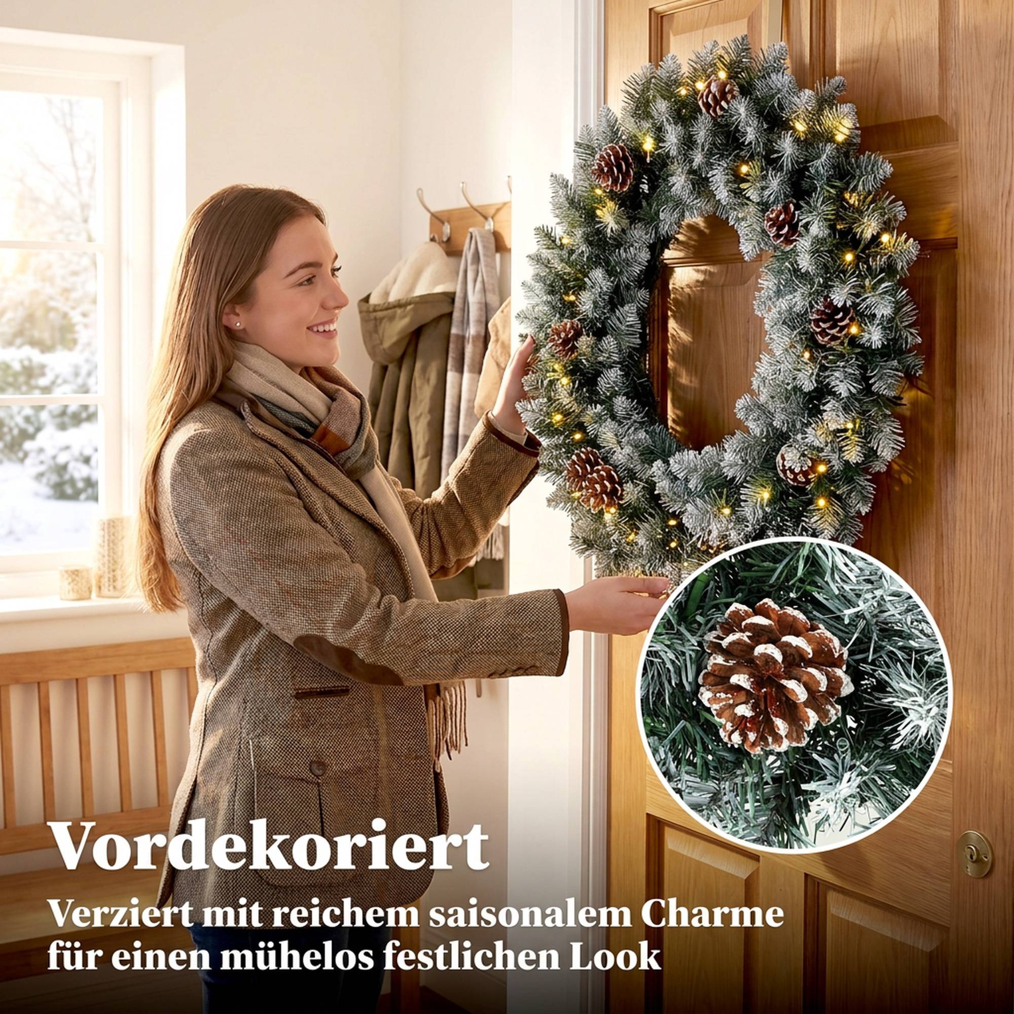 Couronne de Noël lumineuse 60cm pour porte, 50 LED, pommes de pin et fausse neige - Image 8