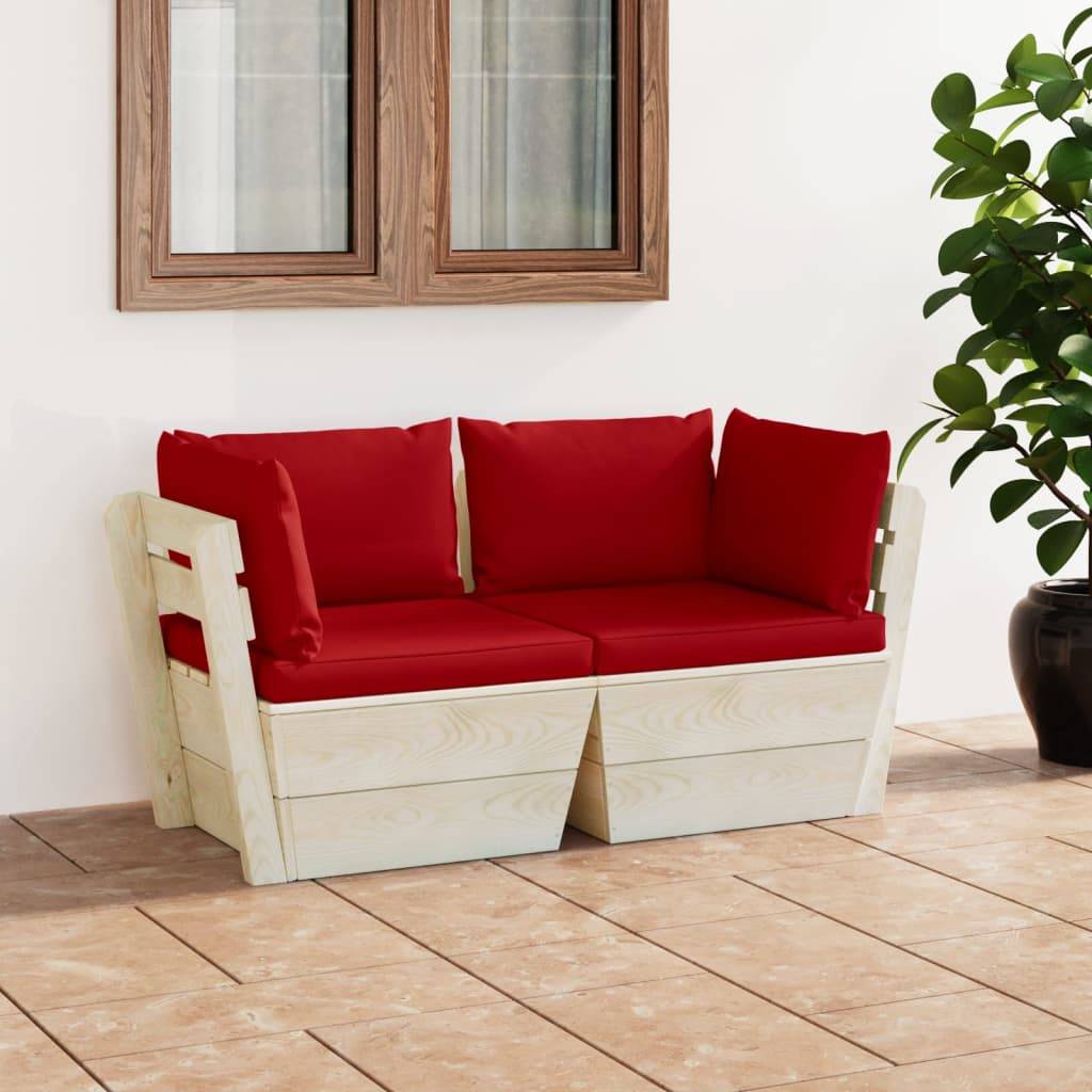 Salon de Jardin Palette en Bois 2 Places pour Terrasse, Canapé avec Coussins Rouges Confortables – ComfortXL Outdoor Living - Image 1