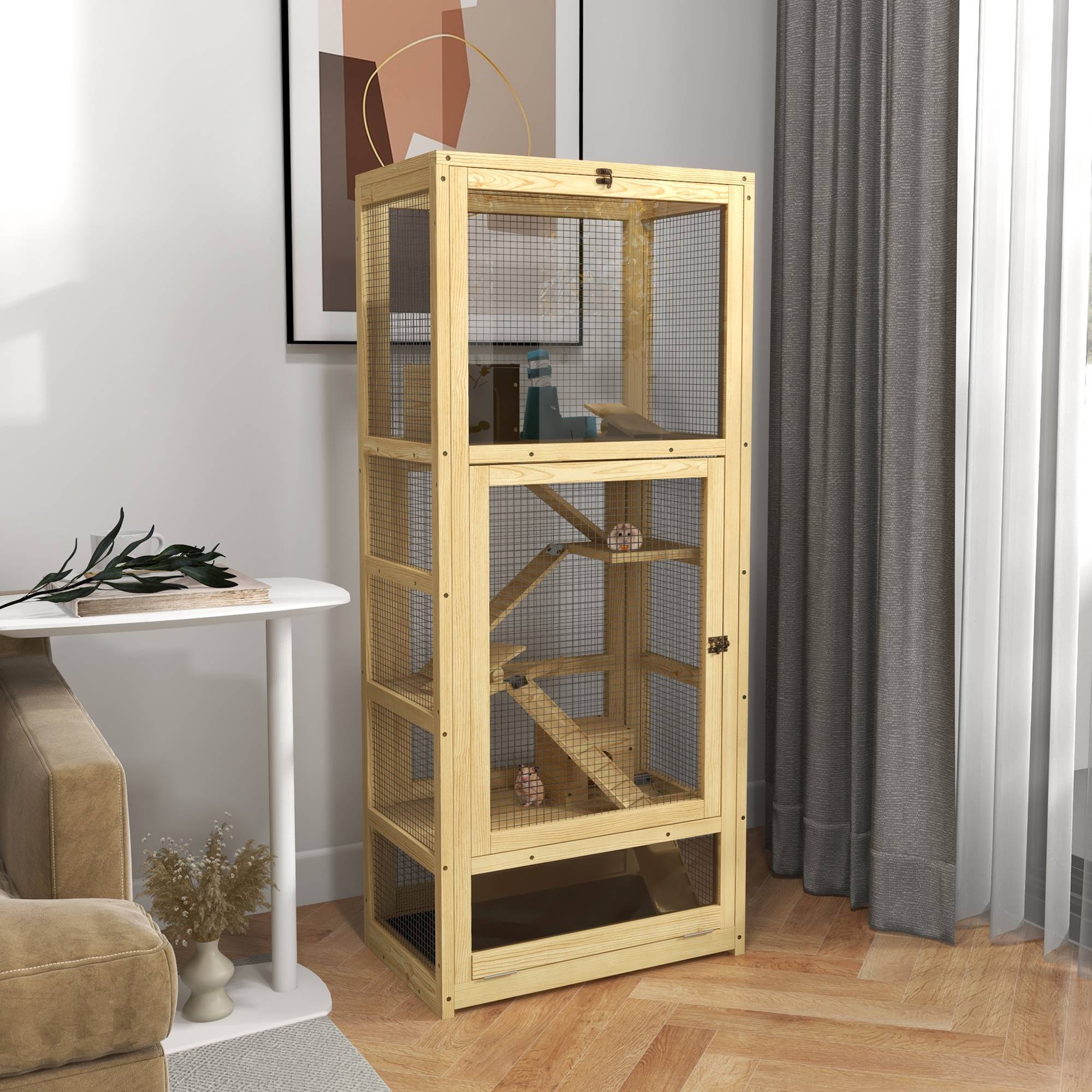 Cage pour petits animaux bois naturel 54 x 38 x 131 cm - PANGIVO - Image 4