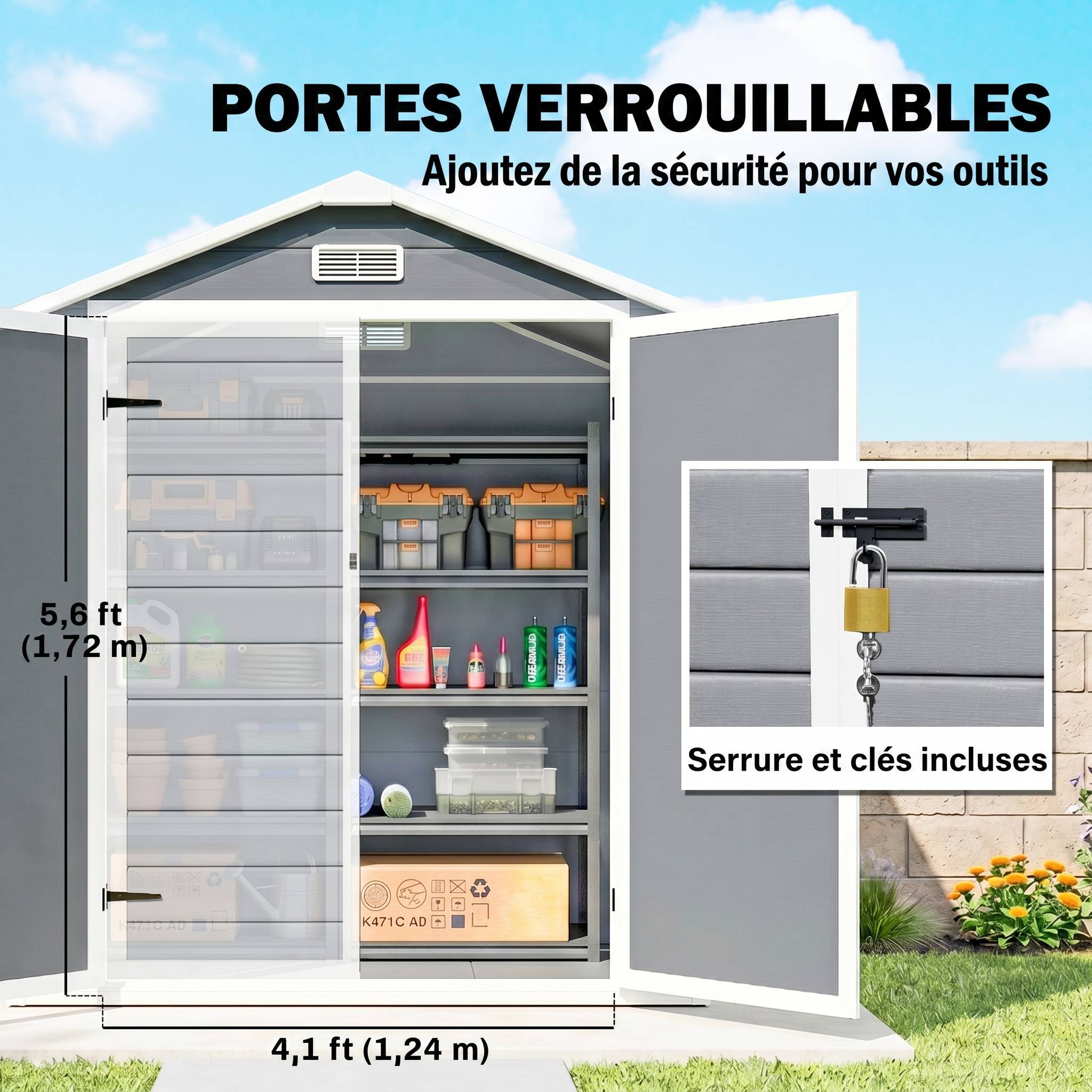 Abri de jardin polypropylène gris 183 x 134 x 210 cm - PANGIVO - Image 9