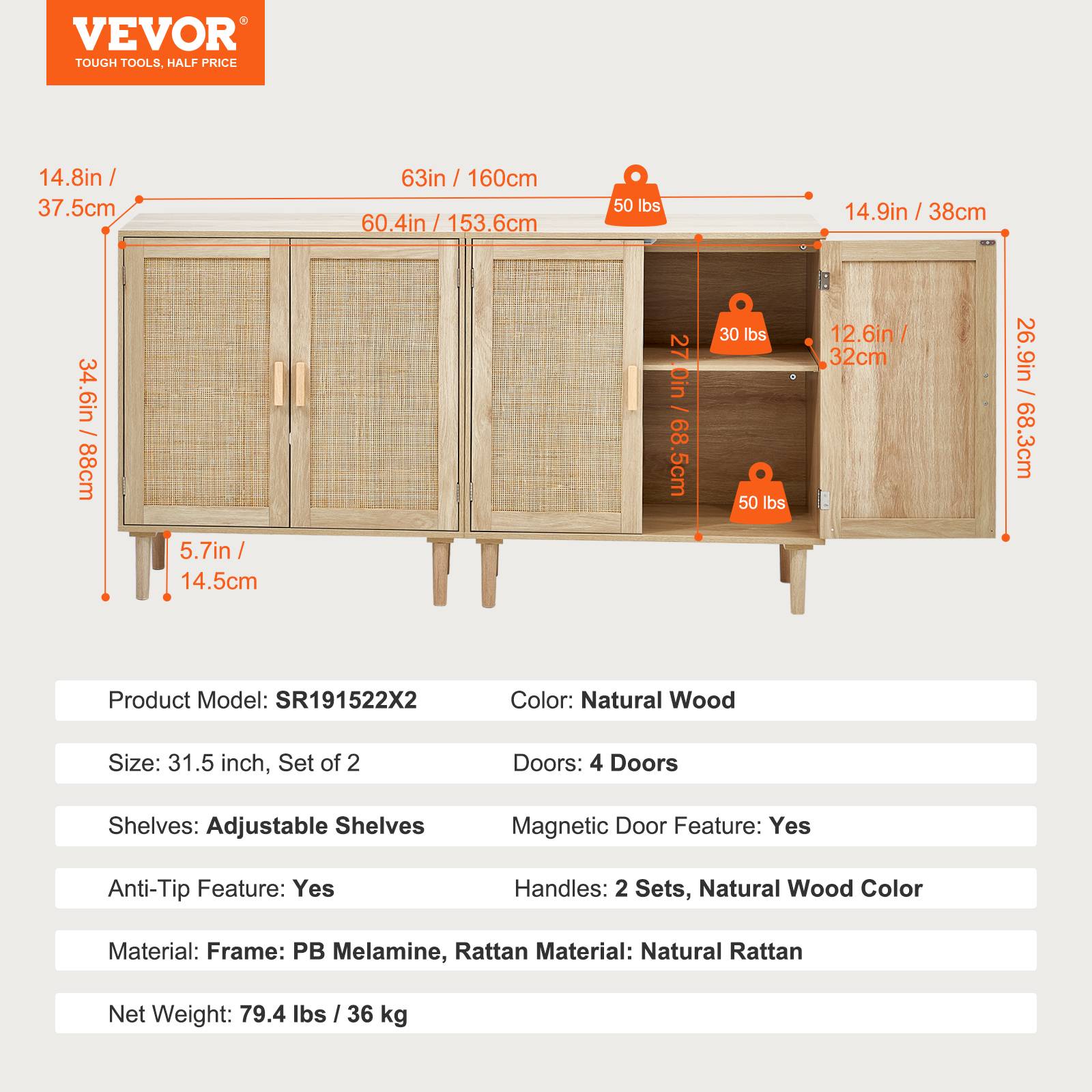 VEVOR Armoire rotin, lot 2, 4 portes, étagères réglables, 160x37,5x88 cm. Naturel. - Image 7
