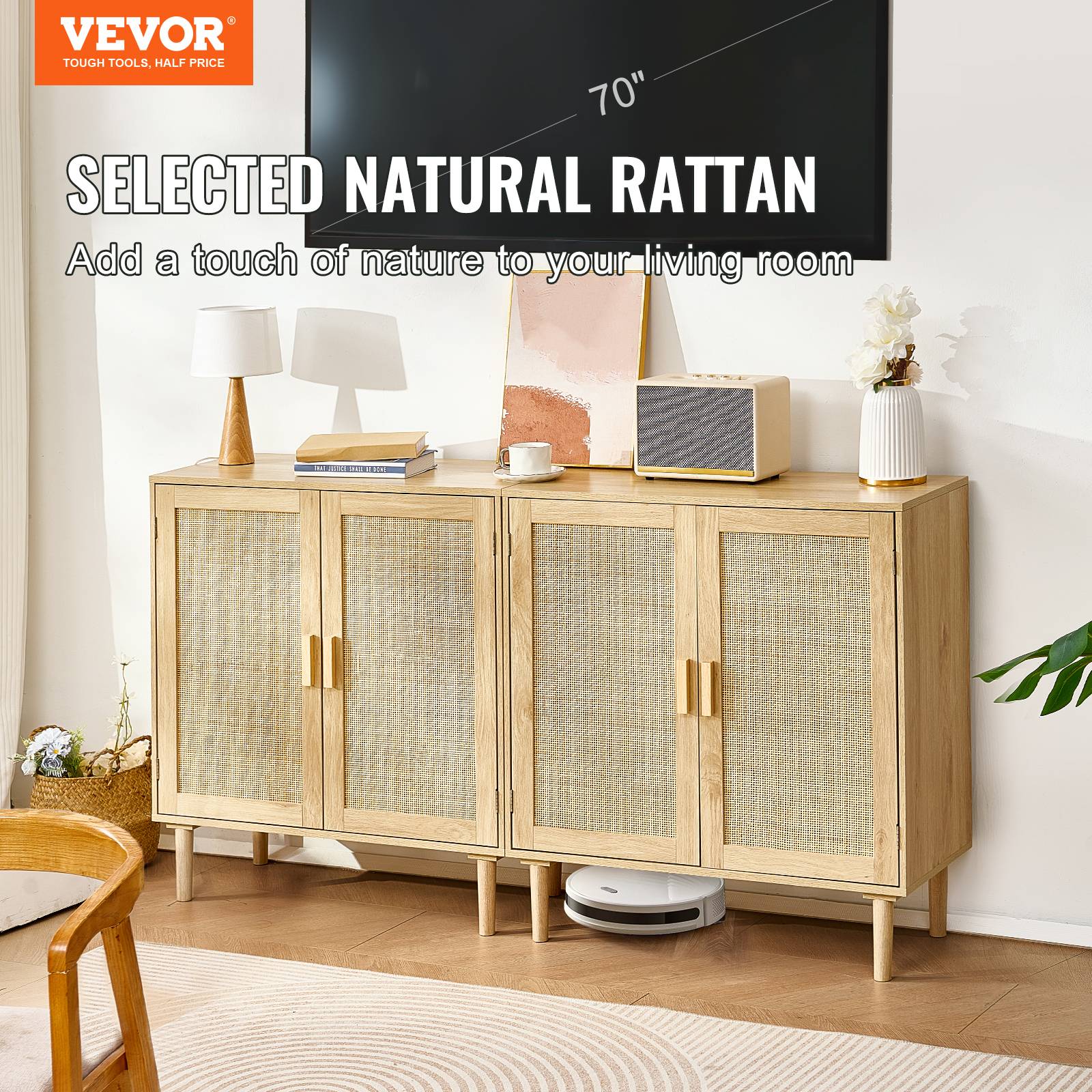 VEVOR Armoire rotin, lot 2, 4 portes, étagères réglables, 160x37,5x88 cm. Naturel. - Image 2
