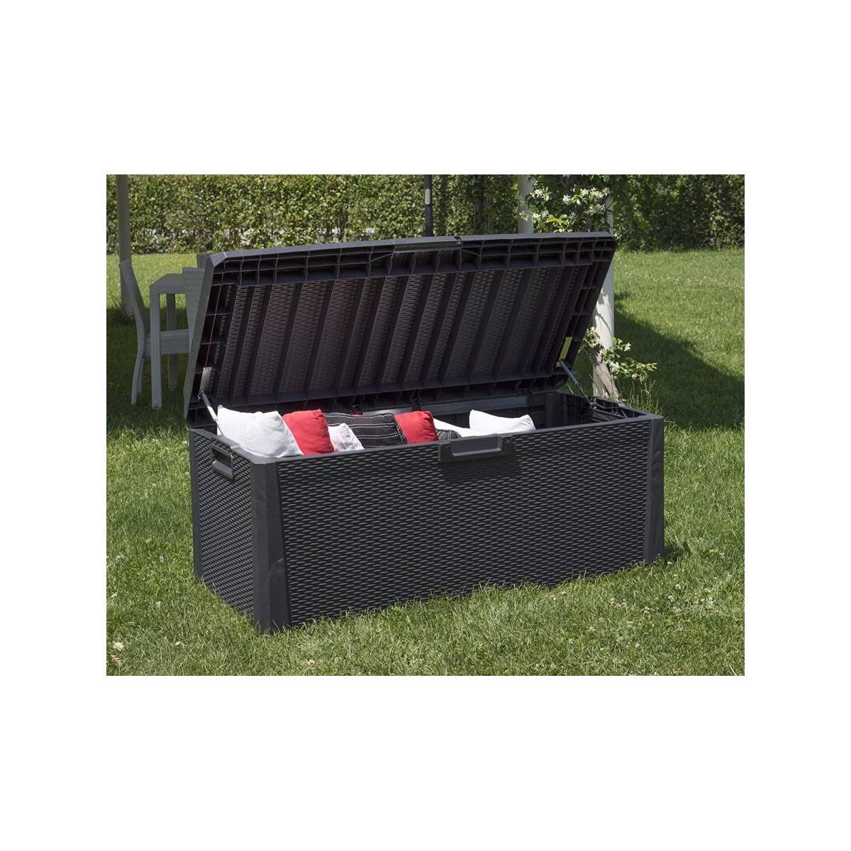 Coffre de jardin en résine 560 Litres Gris Anthracite Cousin inclus Effet rotin L147xP72xH65 cm TOOMAX - Imagen 5