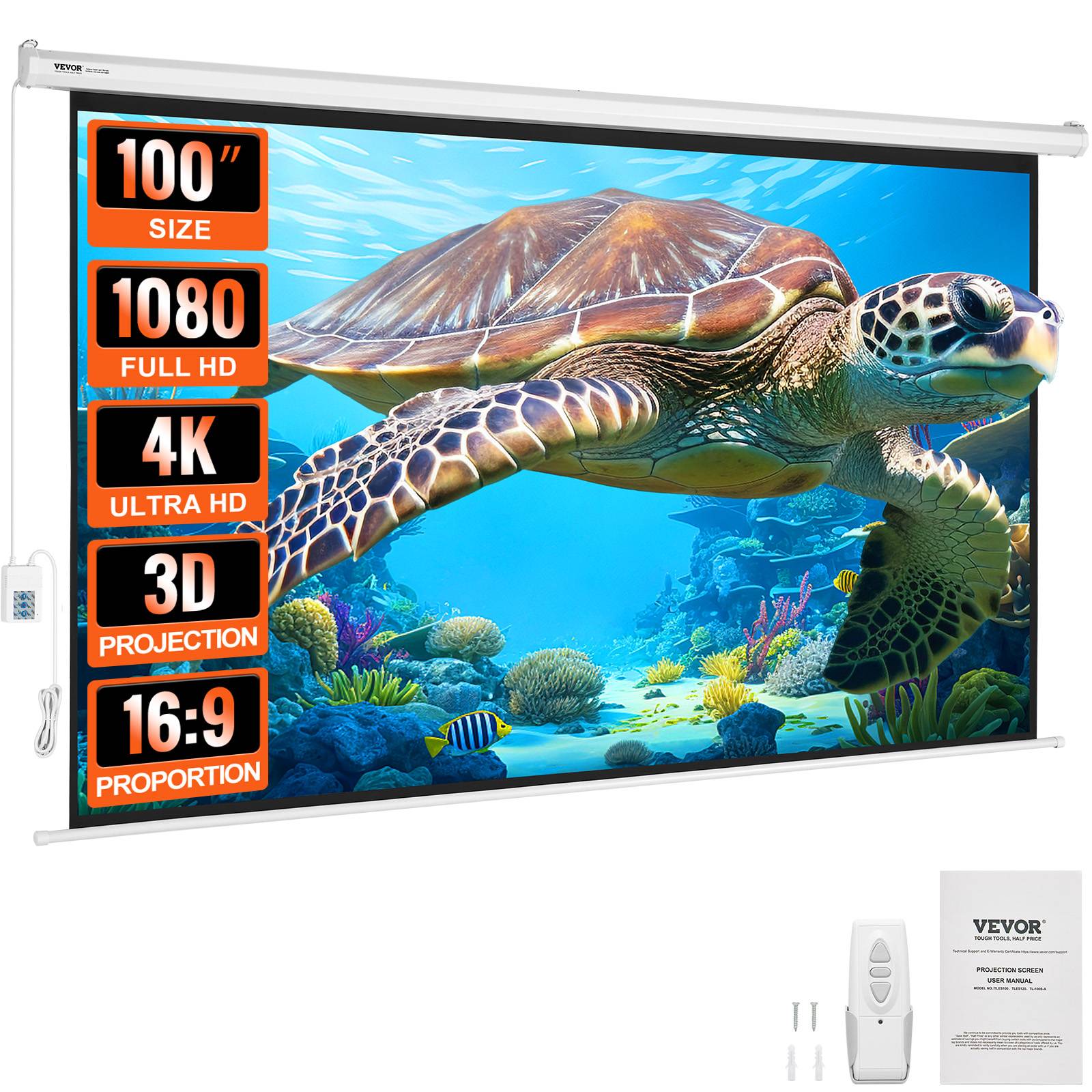 VEVOR Ecran de Projection Motorisé 100 pouces 16:9 HD, Toile Anti-Plis, Télécommande. - Image 1
