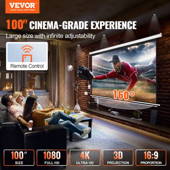 VEVOR Ecran de Projection Motorisé 100 pouces 16:9 HD, Toile Anti-Plis, Télécommande. - Image 2