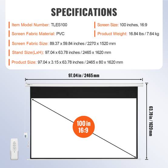 VEVOR Ecran de Projection Motorisé 100 pouces 16:9 HD, Toile Anti-Plis, Télécommande. - Image 7