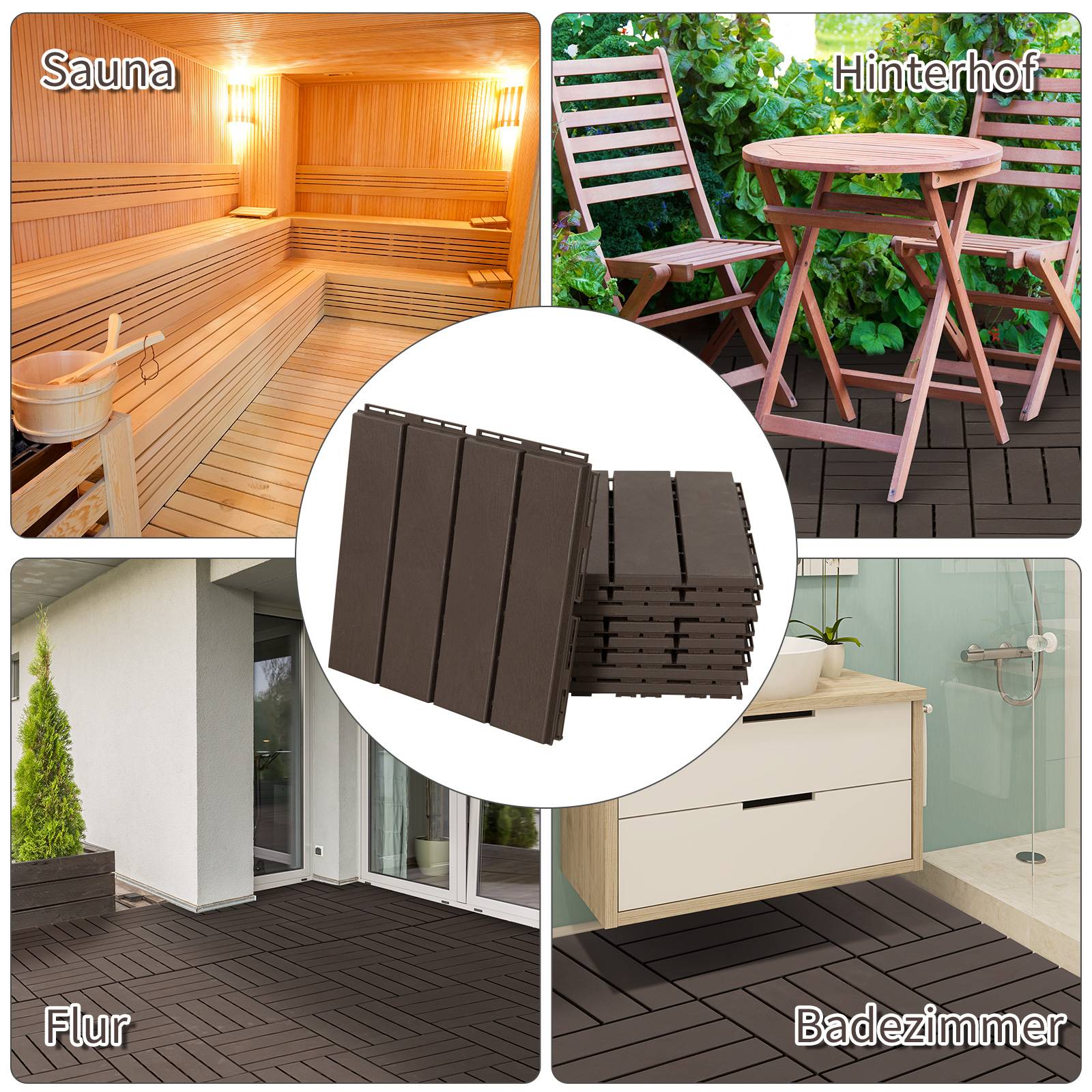 ComfortXL - Dalles de terrasse en polypropylène recyclé 30 x 30 cm marron lot de 9 clipsables pour balcon avec drainage - Image 7