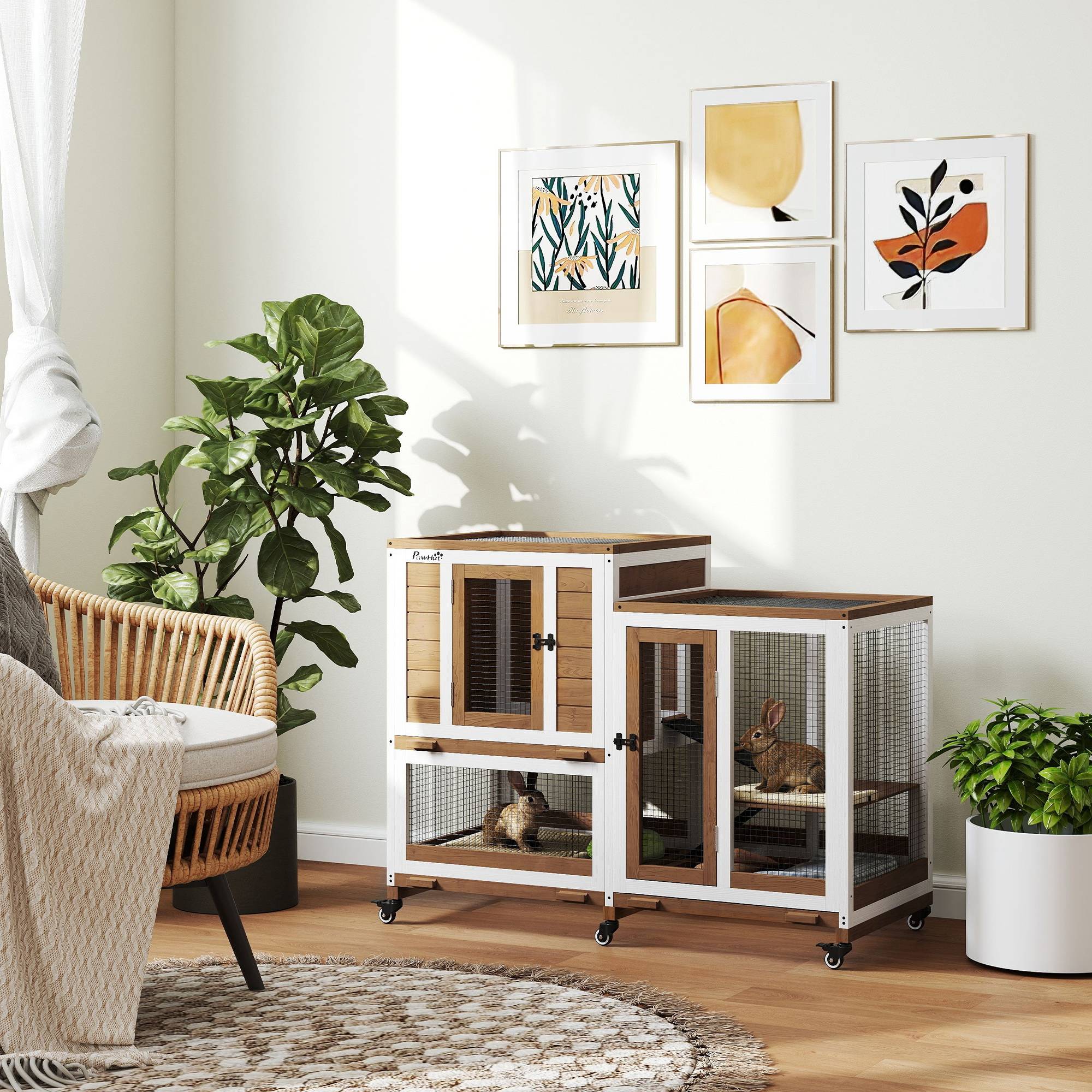 Clapier lapin intérieur cage lapin en bois design de luxe 3 niveaux avec 3 plateaux amovibles 110 x 50 x 86 cm marron - Image 3