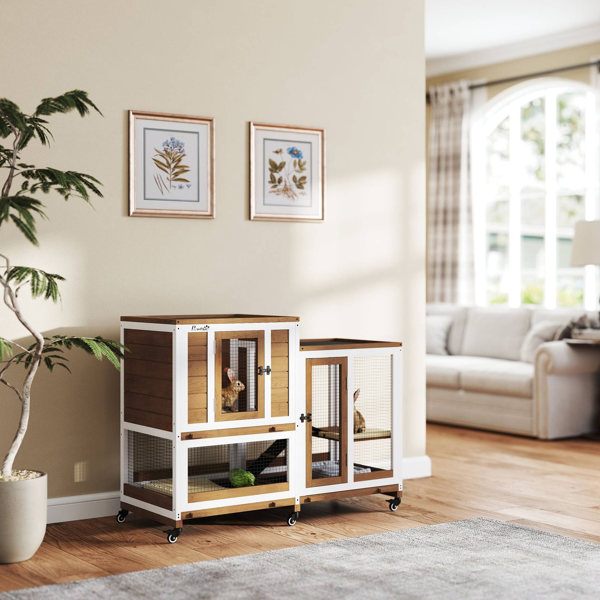 Clapier lapin intérieur cage lapin en bois design de luxe 3 niveaux avec 3 plateaux amovibles 110 x 50 x 86 cm marron - Image 4