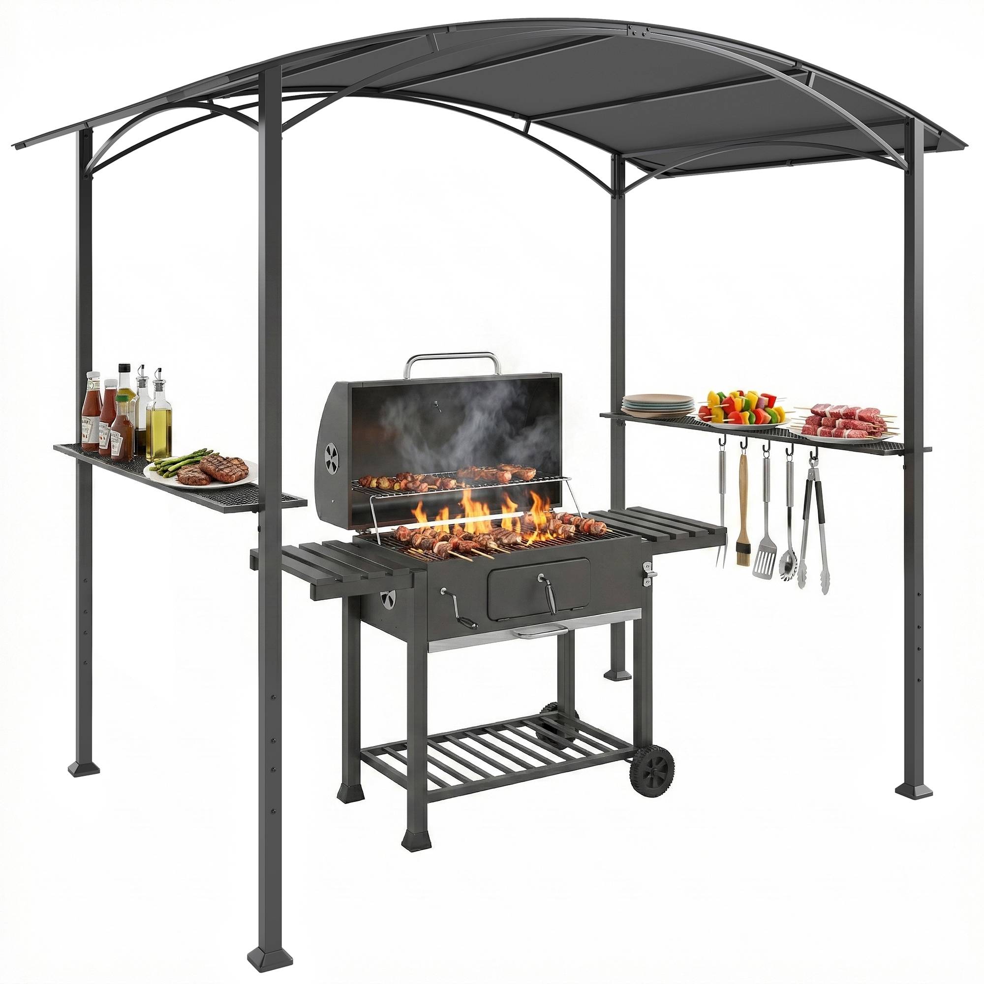 ComfortXL - Abri Tonnelle pour Barbecue 2,4x1,5m Acier avec Étagères et Crochets Gris Foncé - ComfortXL Outdoor Living