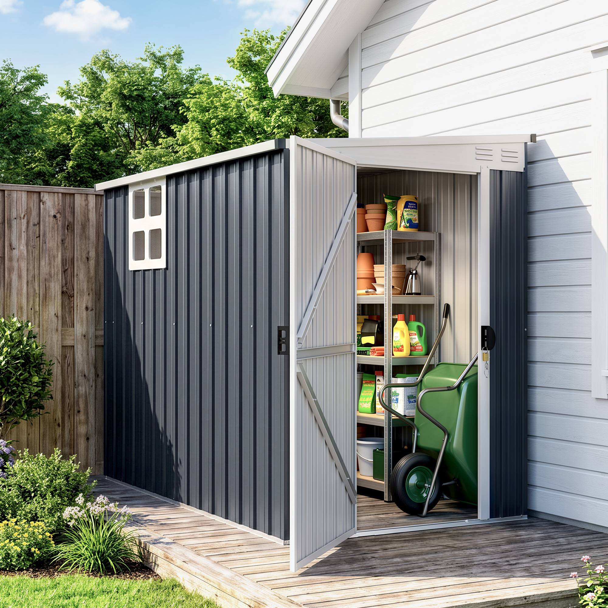 ComfortXL - Abri de jardin adossé acier galvanisé gris foncé 128 x 231 cm avec fenêtre ventilation et porte verrouillable