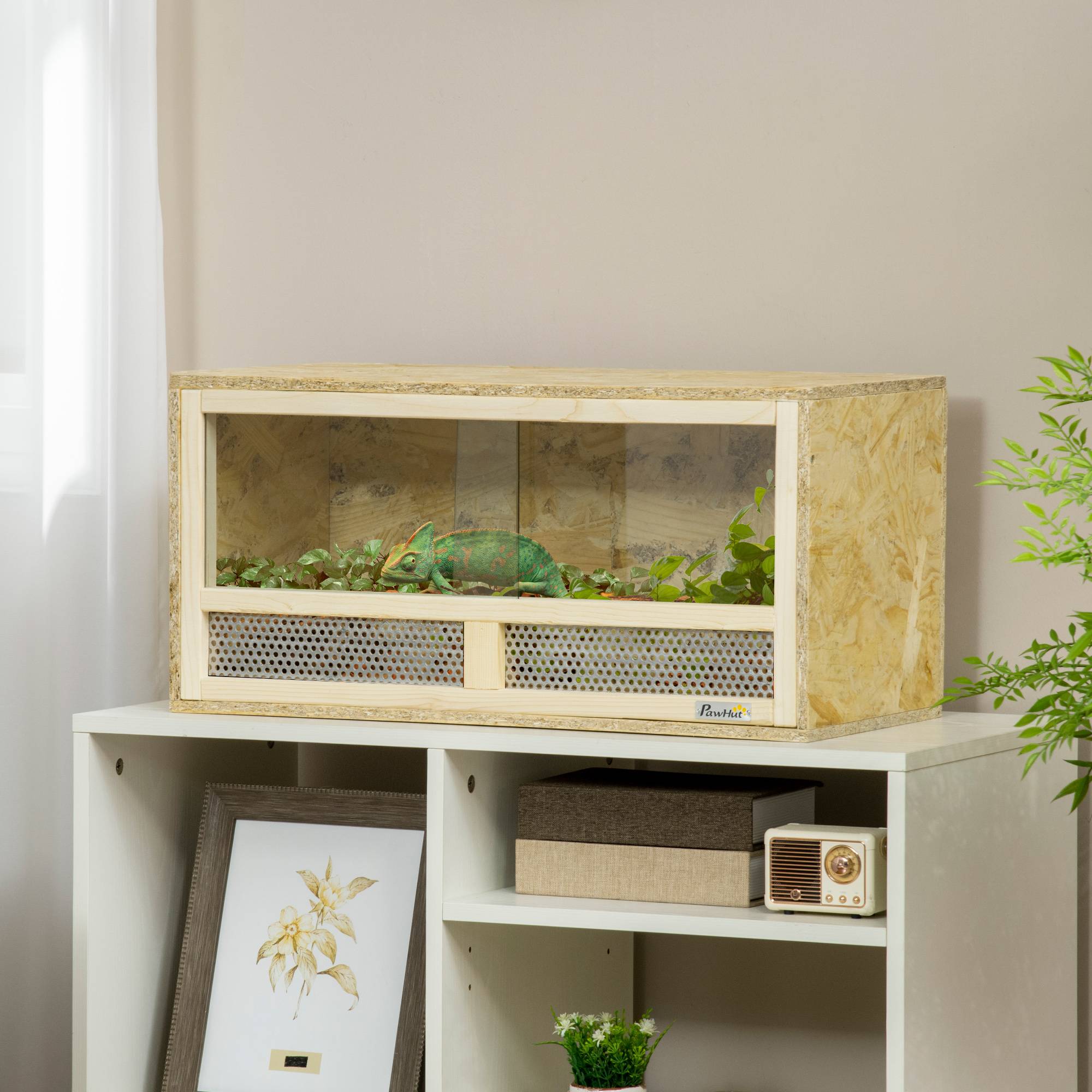 Terrarium reptile bois 60×29,5×29,5cm, portes vitrées coulissantes, panneaux grillagés - Image 3