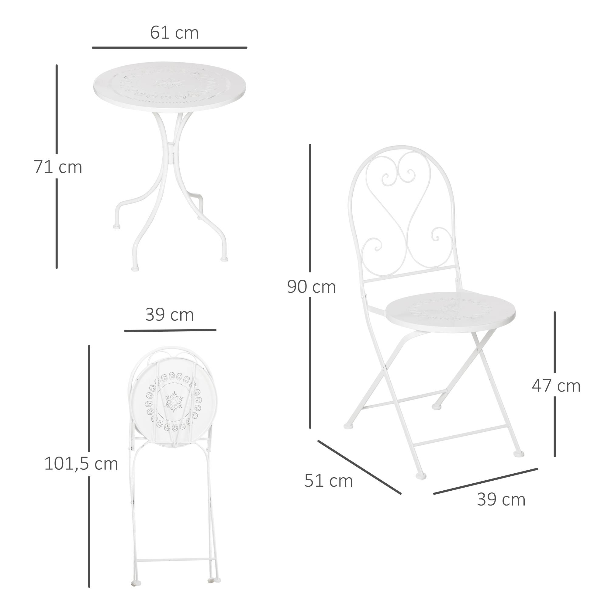 Outsunny - Ensemble de jardin bistro 3 pièces 2 chaises pliantes et table ronde en métal époxy blanc - Outsunny - Imagen 3