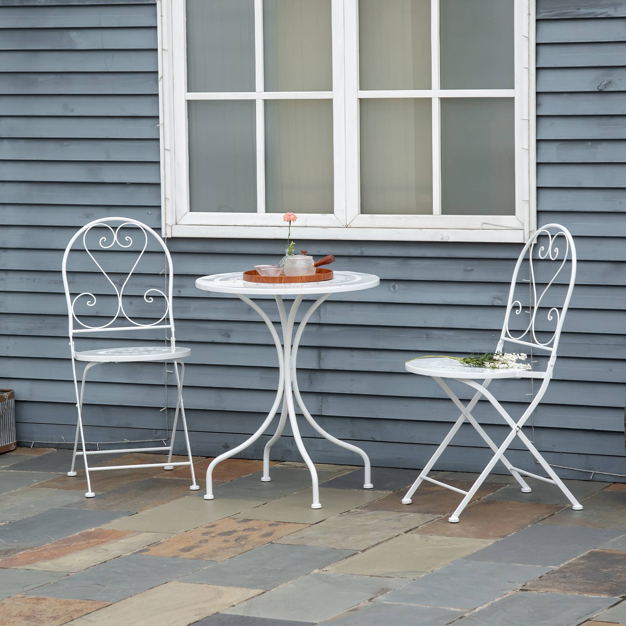 Outsunny - Ensemble de jardin bistro 3 pièces 2 chaises pliantes et table ronde en métal époxy blanc - Outsunny - Imagen 2