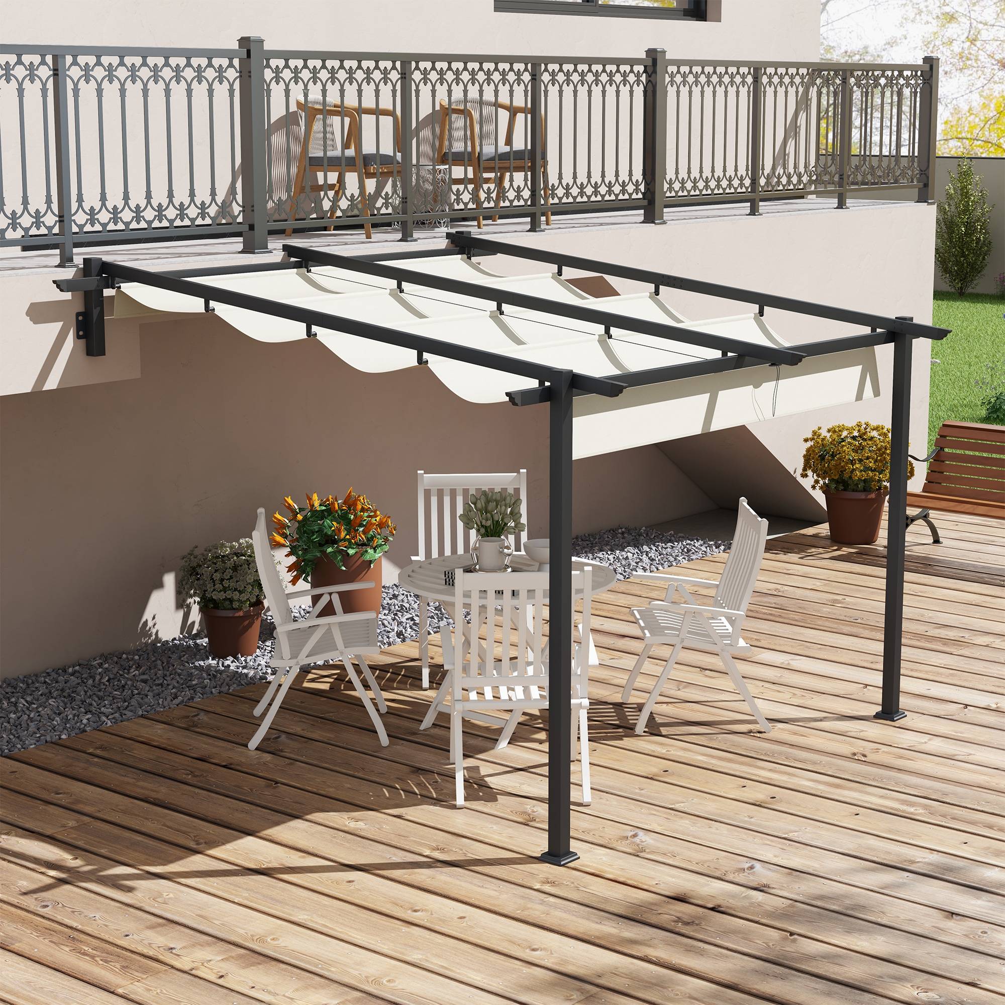 ComfortXL - Pergola Adossée Métal Toit Rétractable 3x3m Crème Ombrage Terrasse - ComfortXL Outdoor Living