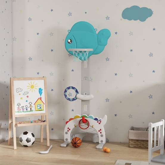 Panier de basket-ball pour enfants 5 en 1 hauteur réglable but de football balle de golf lancer d'anneaux bleu et gris - Image 4